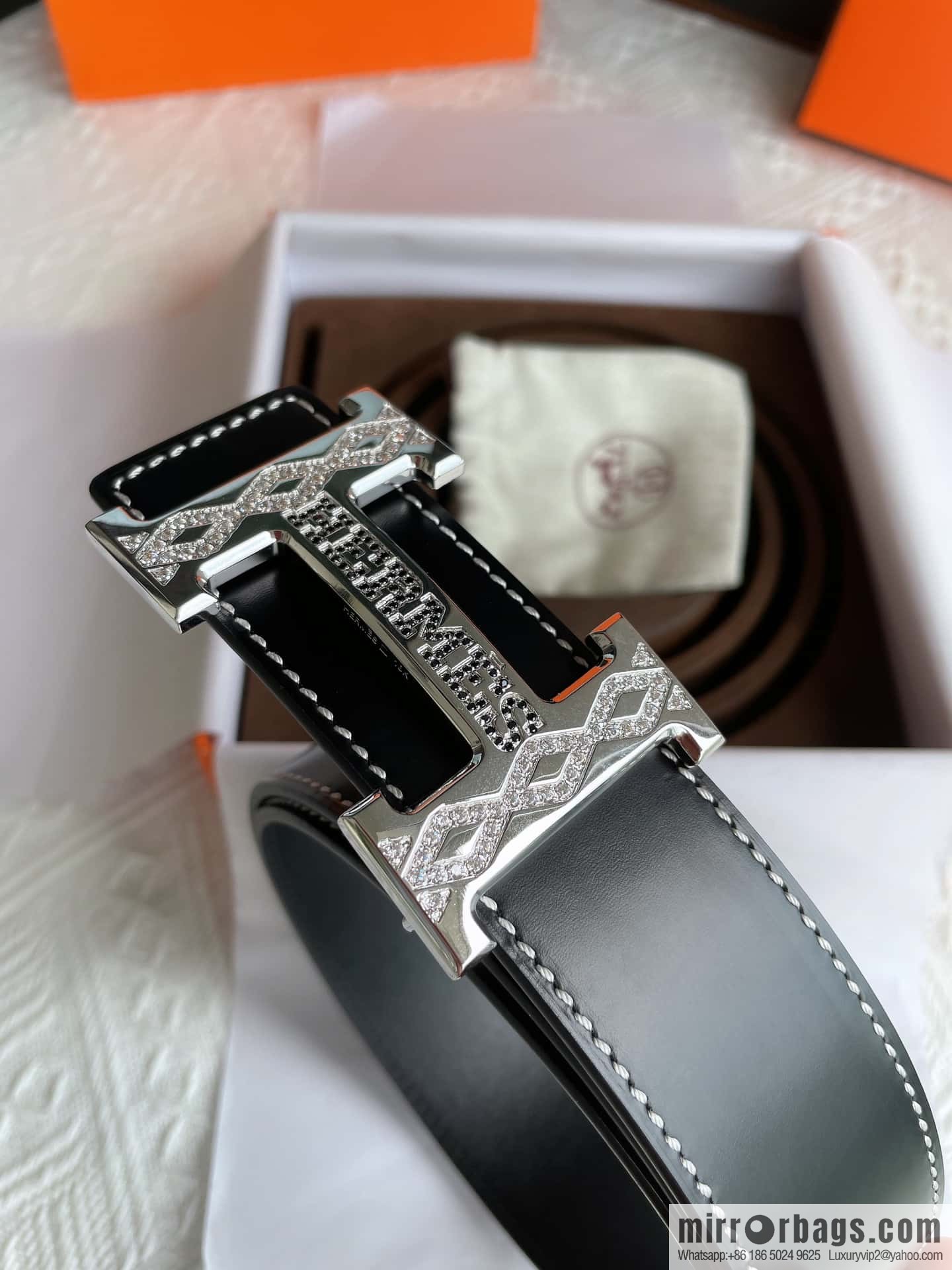 Hermès, stainless steel h inlaid with diamond metal buckle men's 3.8cm first-layer cowhide belt