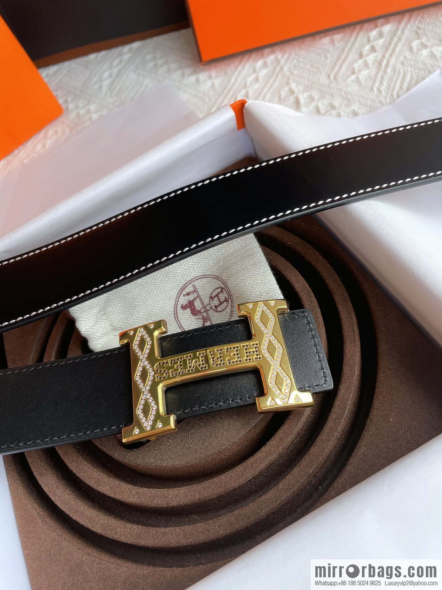 Hermès, stainless steel h inlaid with diamond metal buckle men's 3.8cm first-layer cowhide belt