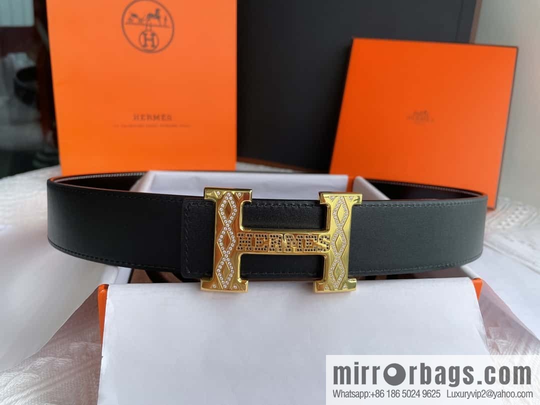 Hermès, stainless steel h inlaid with diamond metal buckle men's 3.8cm first-layer cowhide belt