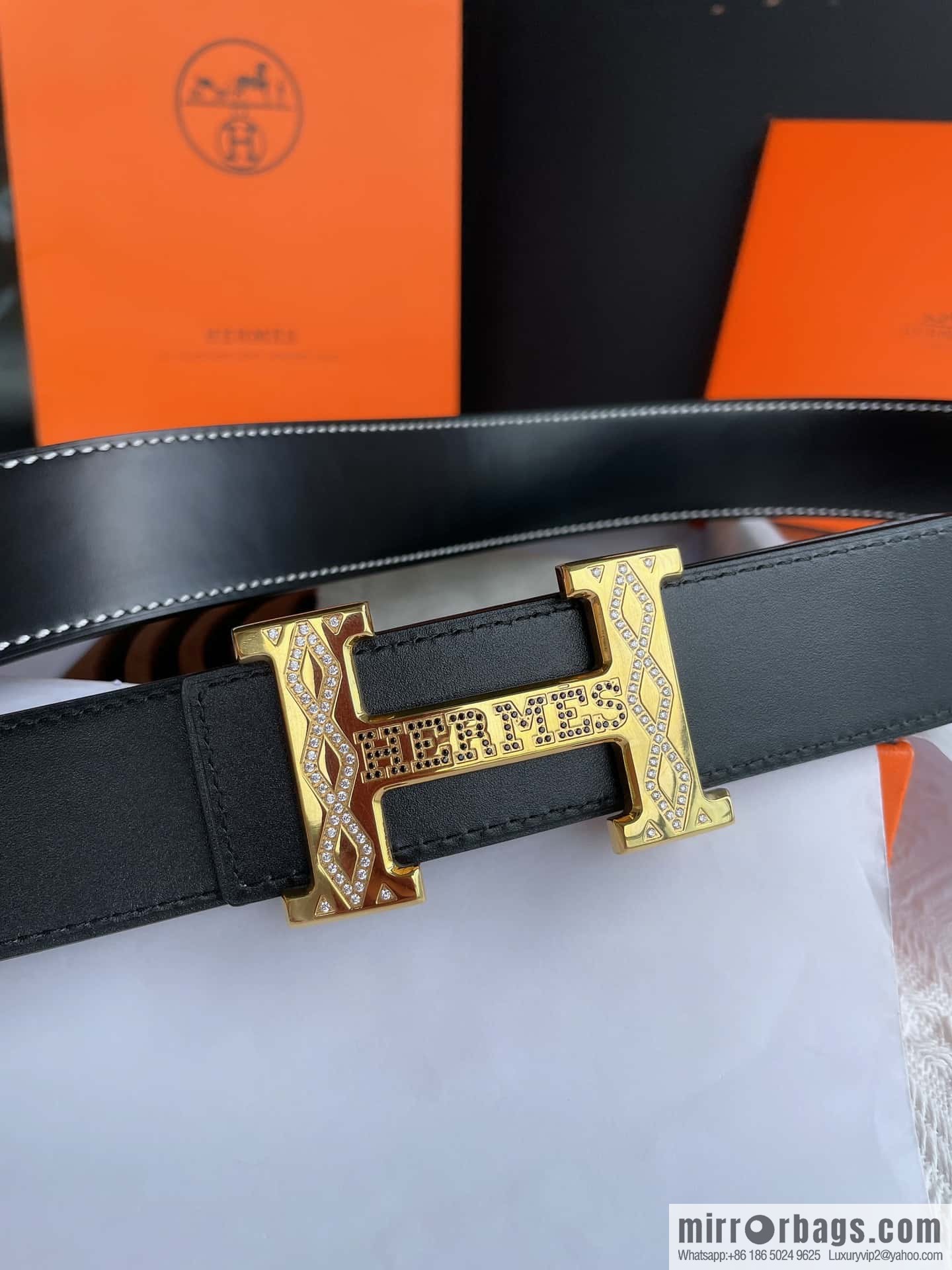 Hermès, stainless steel h inlaid with diamond metal buckle men's 3.8cm first-layer cowhide belt
