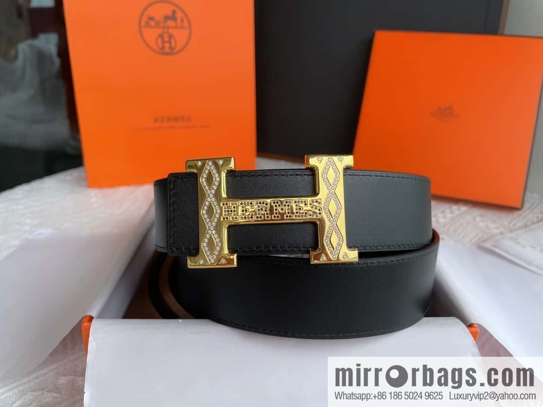Hermès, stainless steel h inlaid with diamond metal buckle men's 3.8cm first-layer cowhide belt
