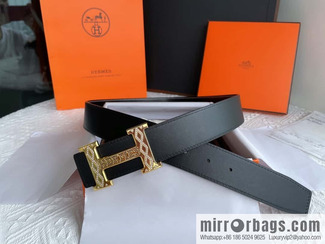 Hermès, stainless steel h inlaid with diamond metal buckle men's 3.8cm first-layer cowhide belt