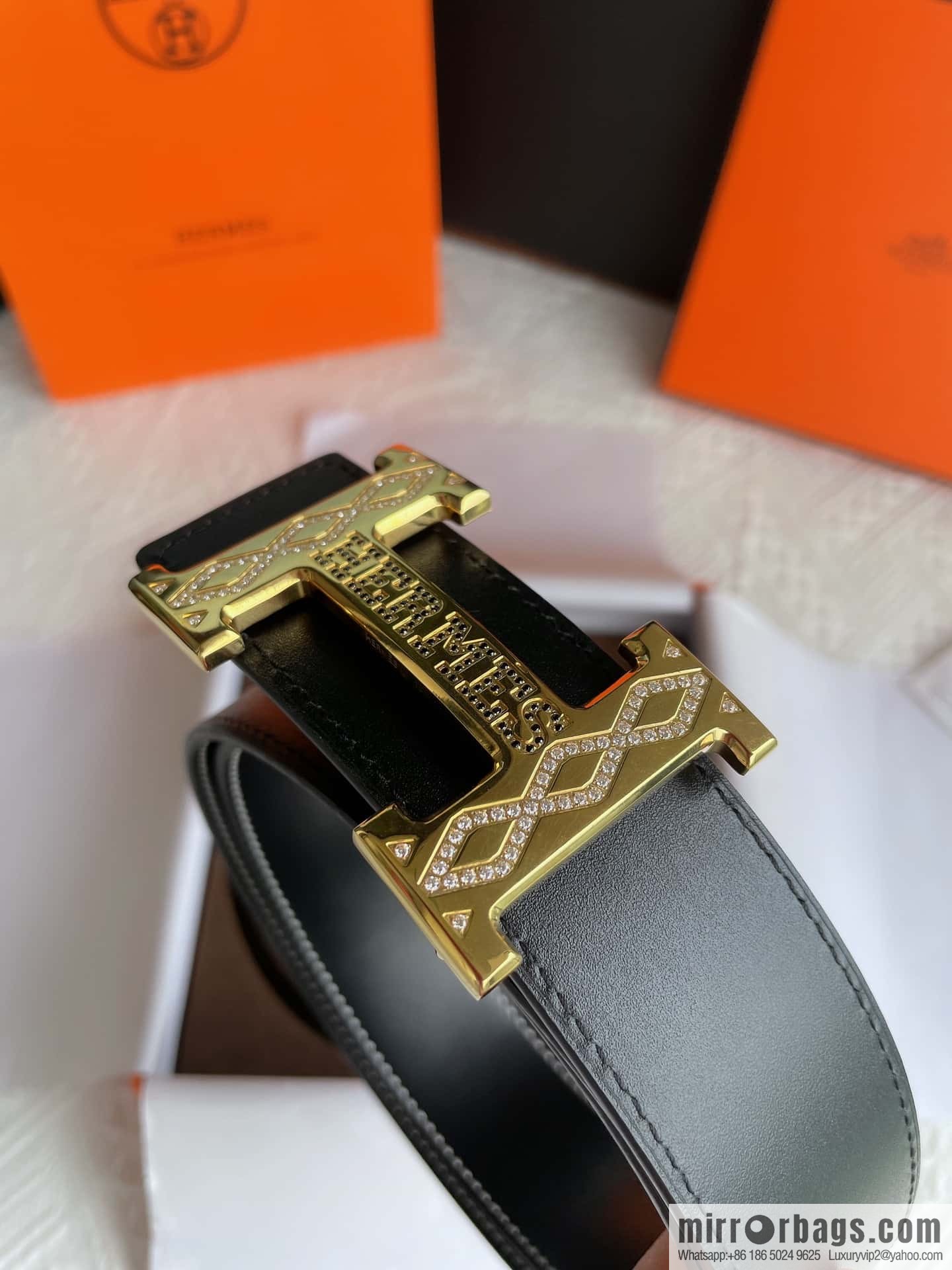 Hermès, stainless steel h inlaid with diamond metal buckle men's 3.8cm first-layer cowhide belt