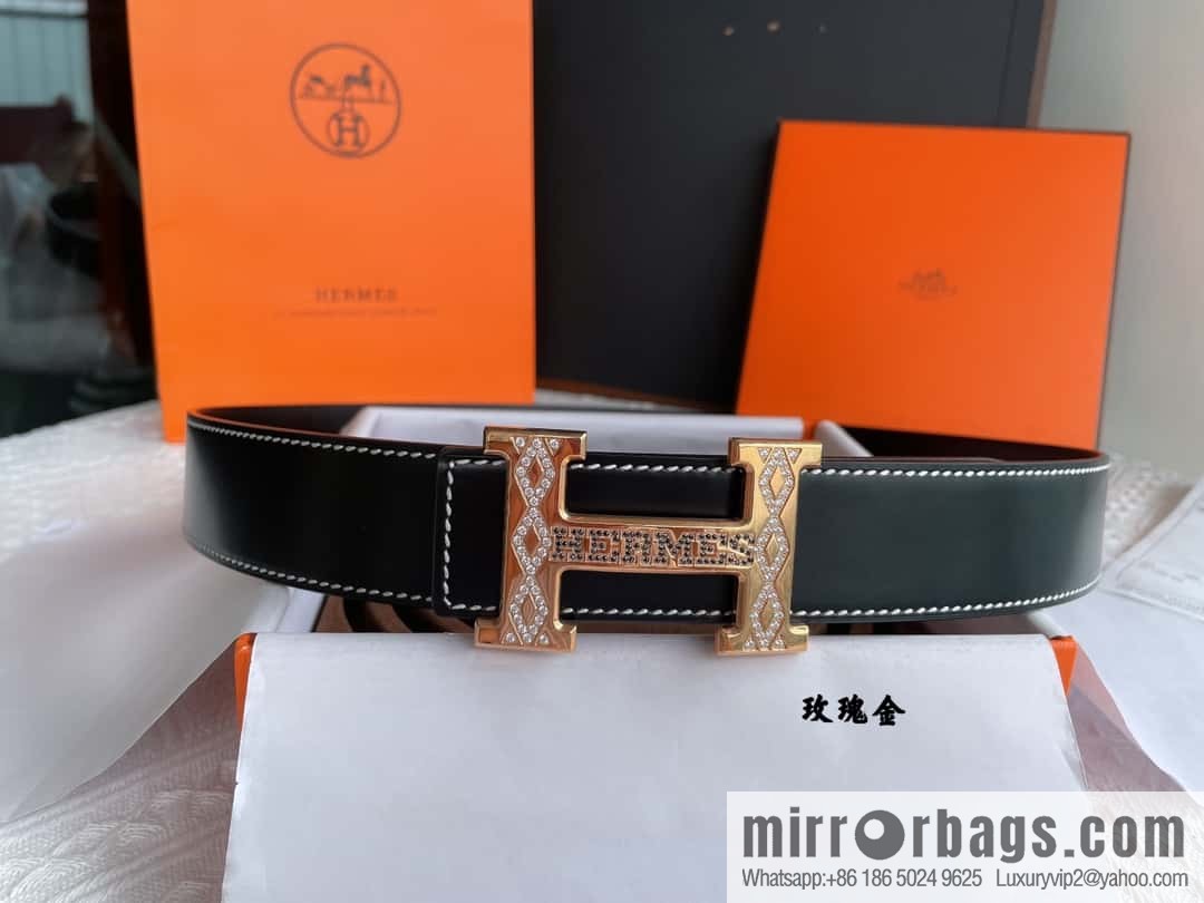 Hermès, stainless steel h inlaid with diamond metal buckle men's 3.8cm first-layer cowhide belt