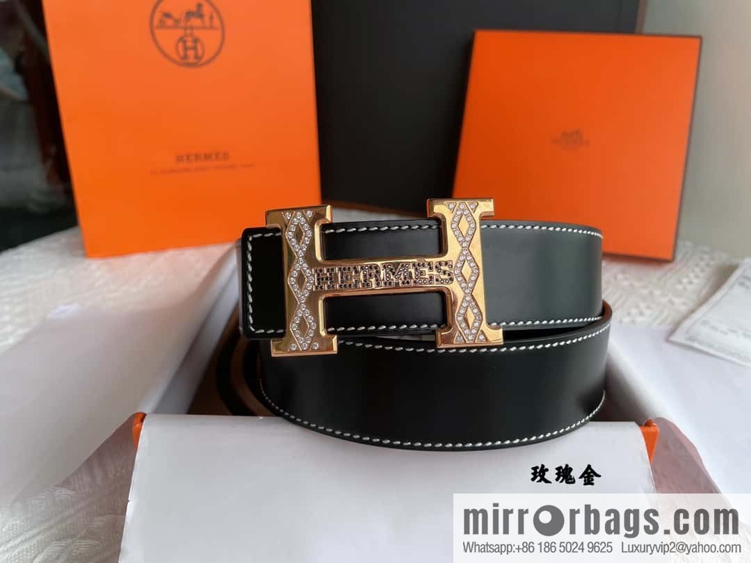 Hermès, stainless steel h inlaid with diamond metal buckle men's 3.8cm first-layer cowhide belt