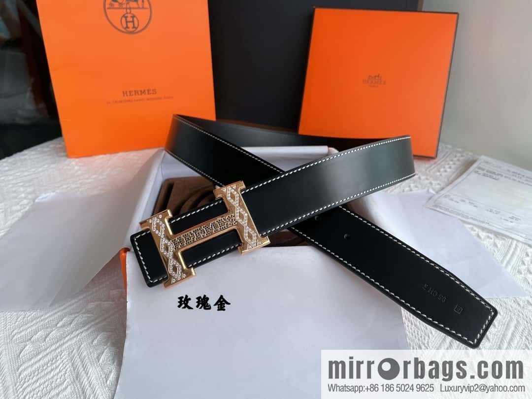 Hermès, stainless steel h inlaid with diamond metal buckle men's 3.8cm first-layer cowhide belt