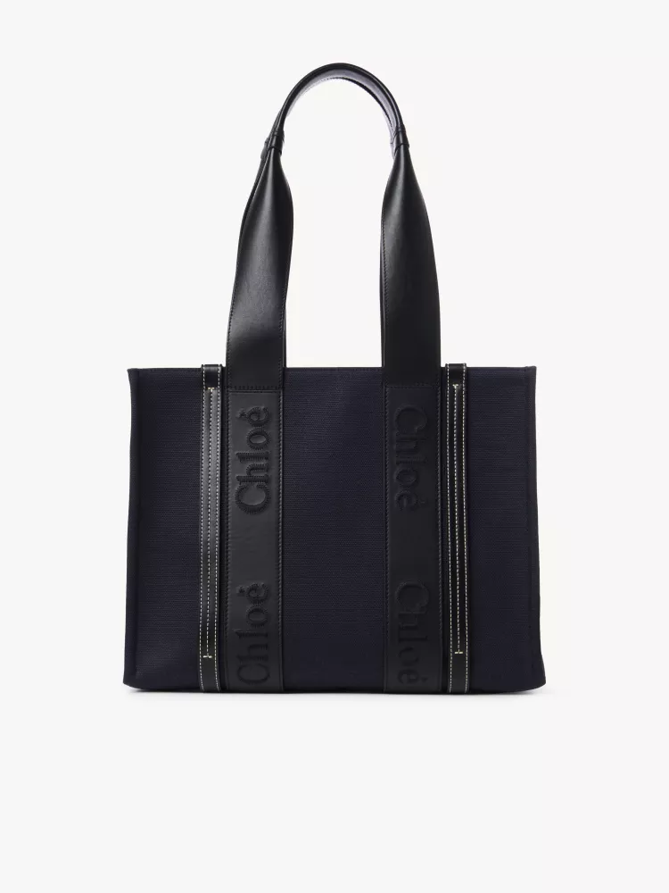 Chloe Woody Linen with Pitot Bag, Navy Blue with Black Medium 37CM