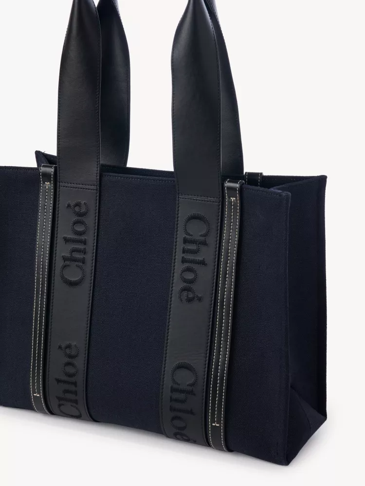 Chloe Woody Linen with Pitot Bag, Navy Blue with Black Medium 37CM