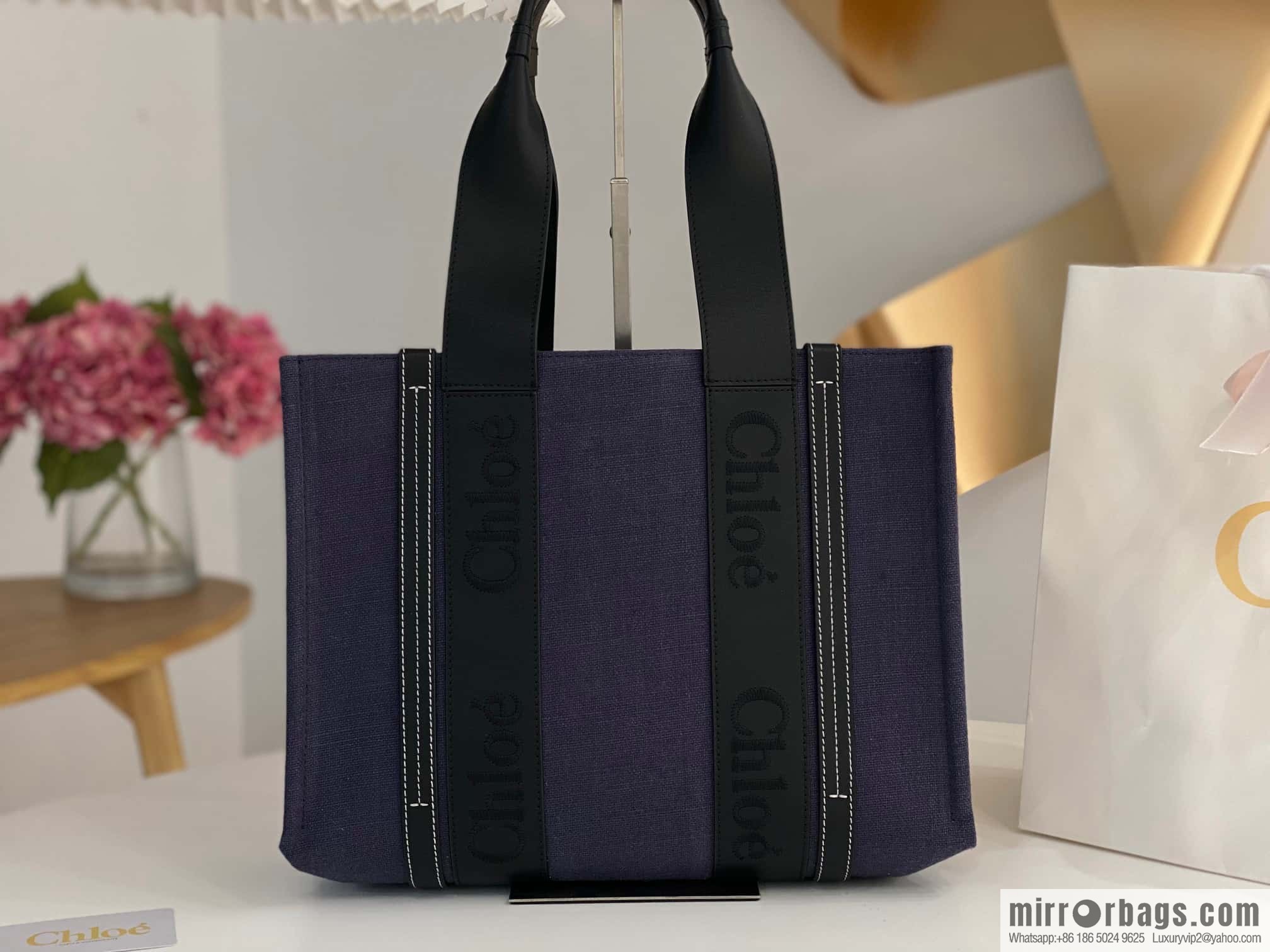 Chloe Woody Linen with Pitot Bag, Navy Blue with Black Medium 37CM
