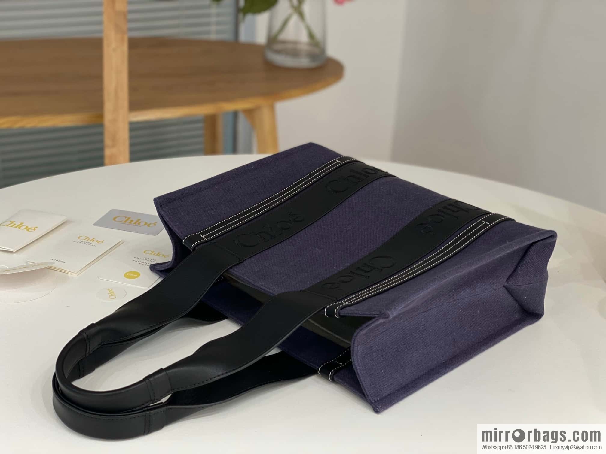 Chloe Woody Linen with Pitot Bag, Navy Blue with Black Medium 37CM