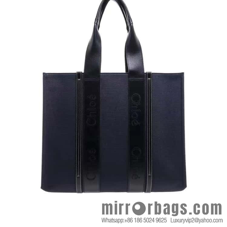 Chloe Woody linen with Pitot bag, navy blue with black large 45CM.