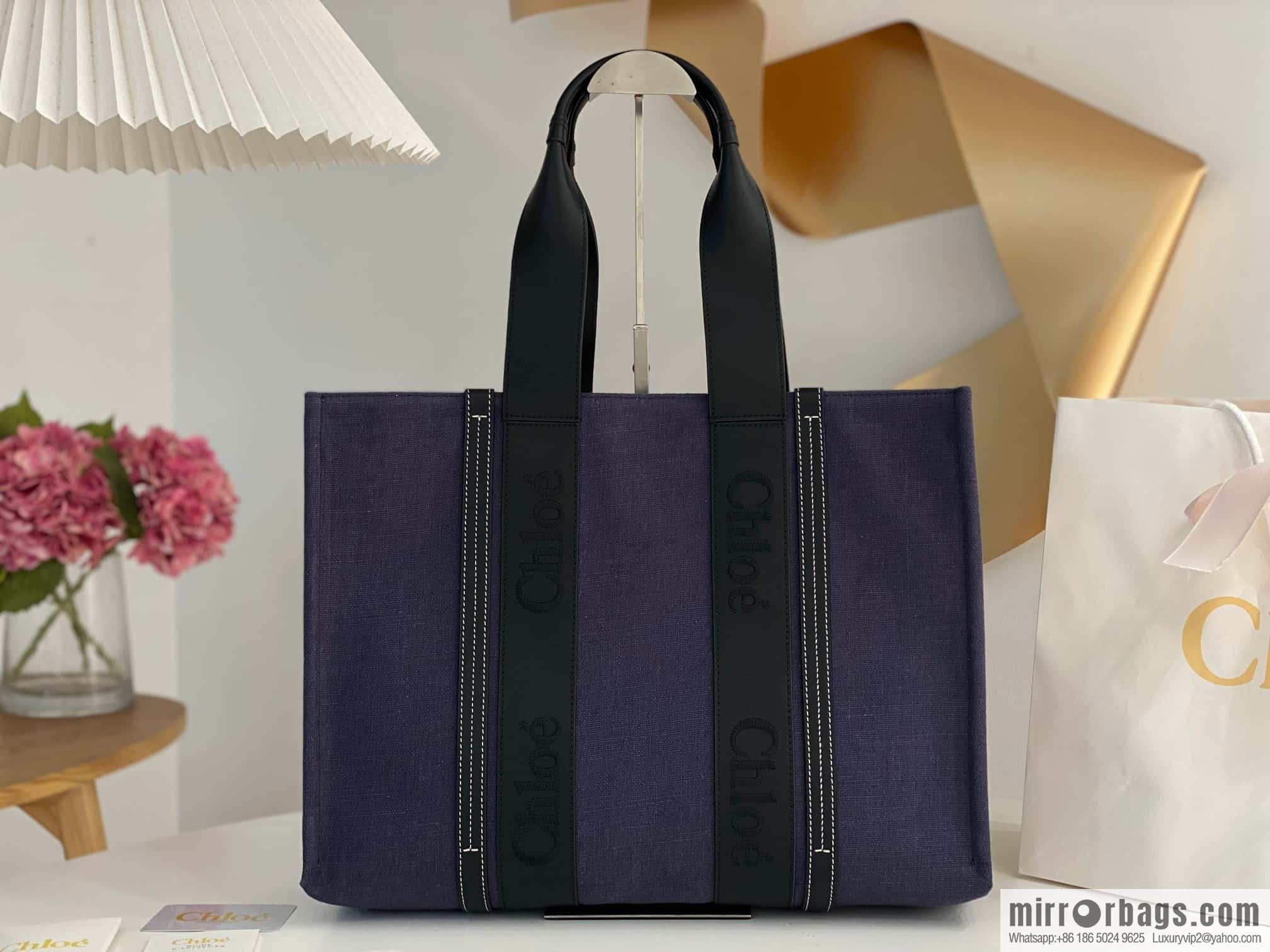 Chloe Woody linen with Pitot bag, navy blue with black large 45CM.