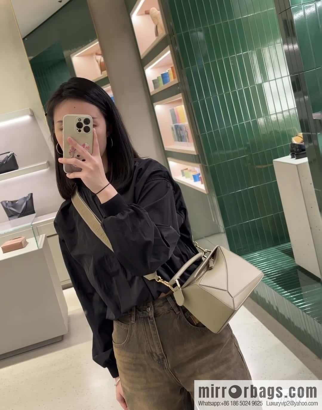 LOEWE satin leather ➕ Anagram embroidery shoulder strap puzzle geometric pack 0189 clay green