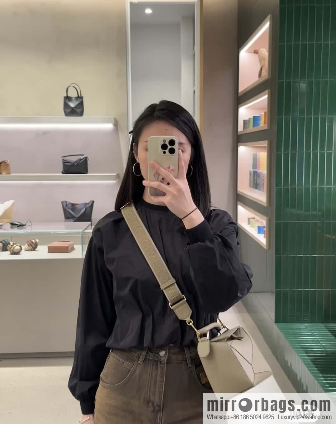 LOEWE satin leather ➕ Anagram embroidery shoulder strap puzzle geometric pack 0189 clay green