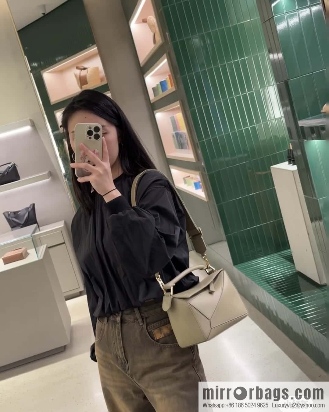 LOEWE satin leather ➕ Anagram embroidery shoulder strap puzzle geometric pack 0189 clay green