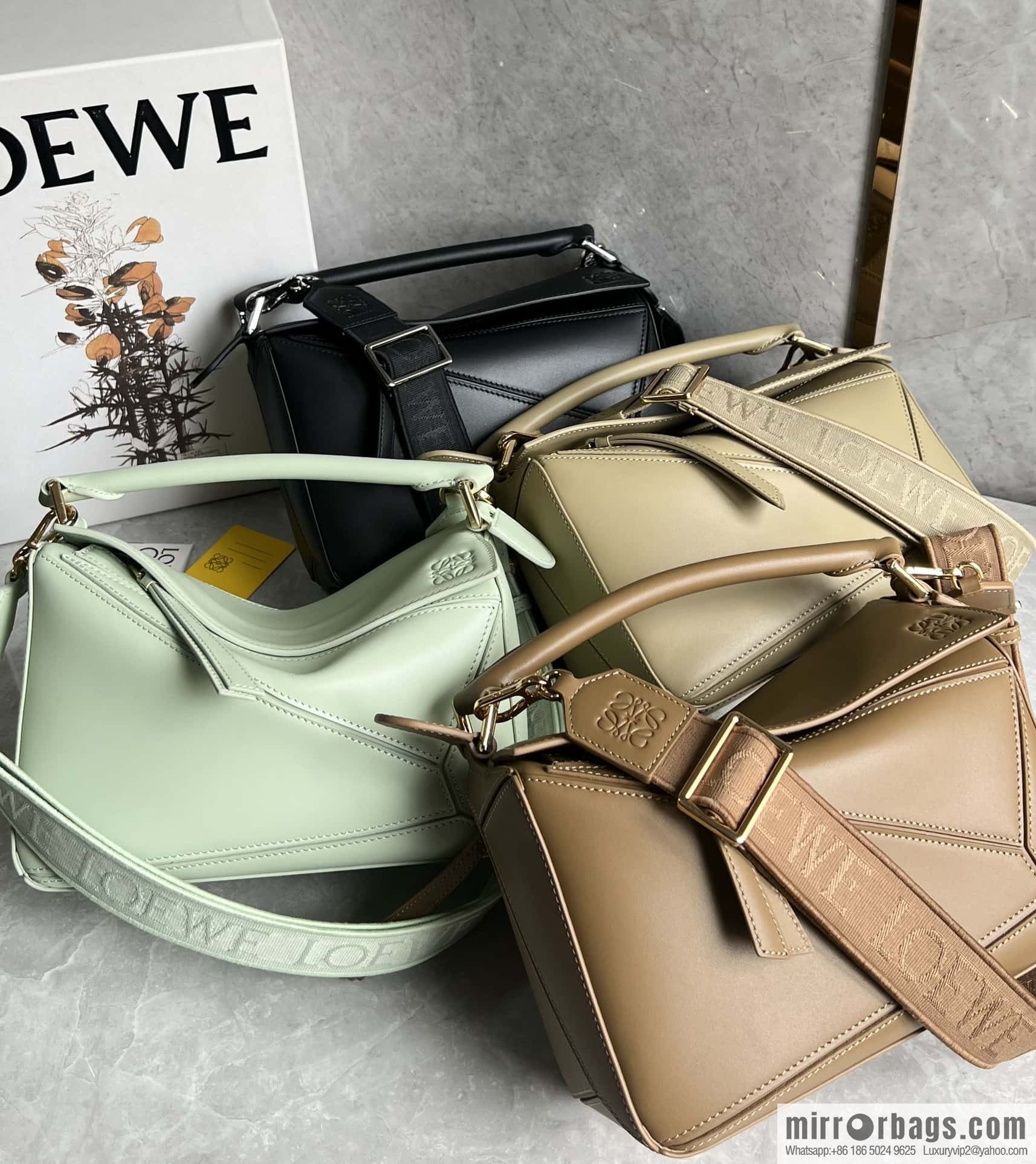 LOEWE satin leather ➕ Anagram embroidery shoulder strap puzzle geometric bag 0189 black