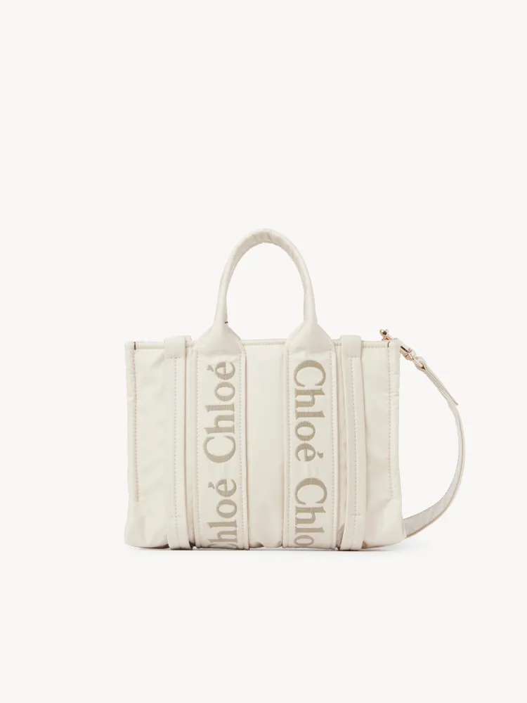 Chloe's new nylon new material Woody tote bag, small rice apricot 26CM.