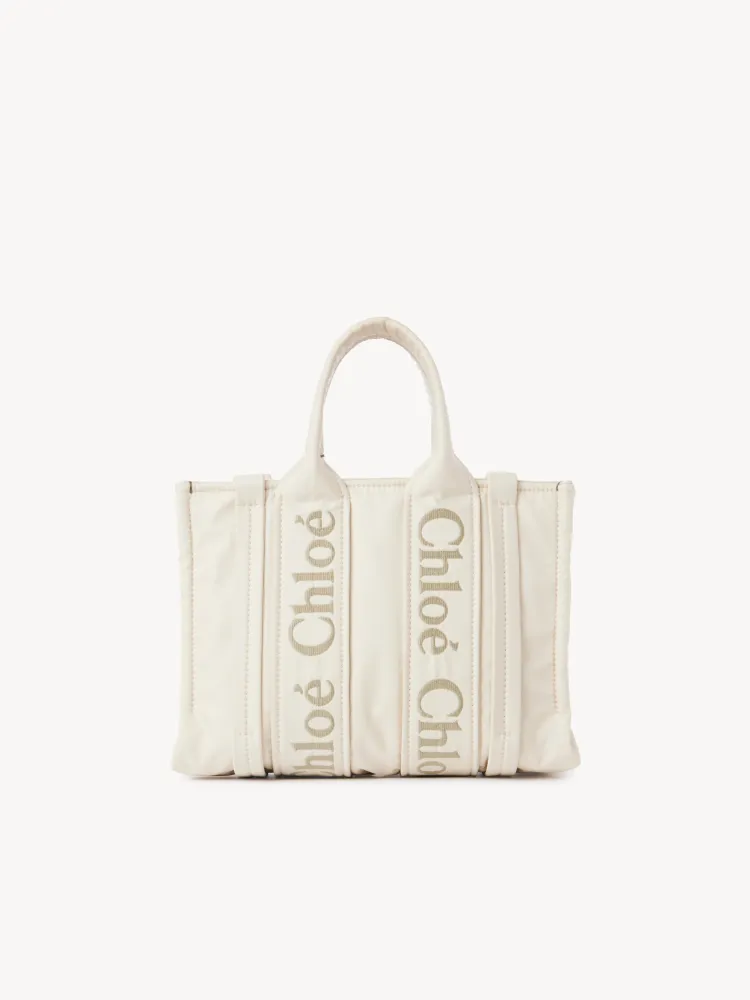 Chloe's new nylon new material Woody tote bag, small rice apricot 26CM.
