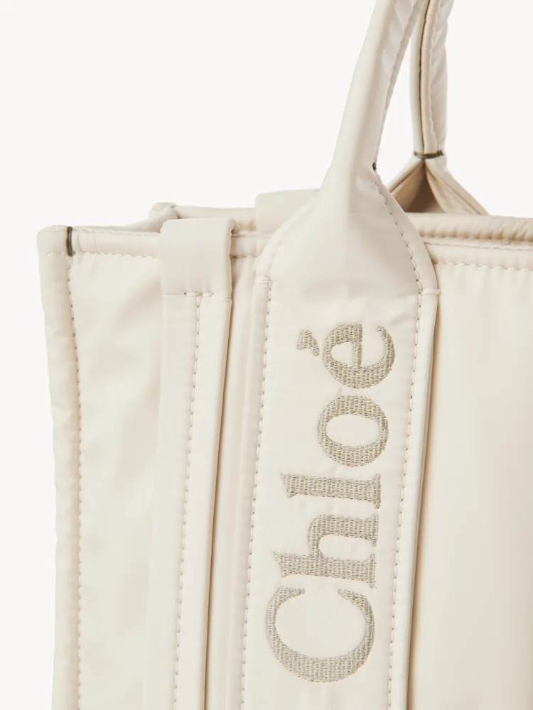 Chloe's new nylon new material Woody tote bag, small rice apricot 26CM.