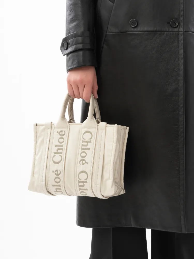 Chloe's new nylon new material Woody tote bag, small rice apricot 26CM.