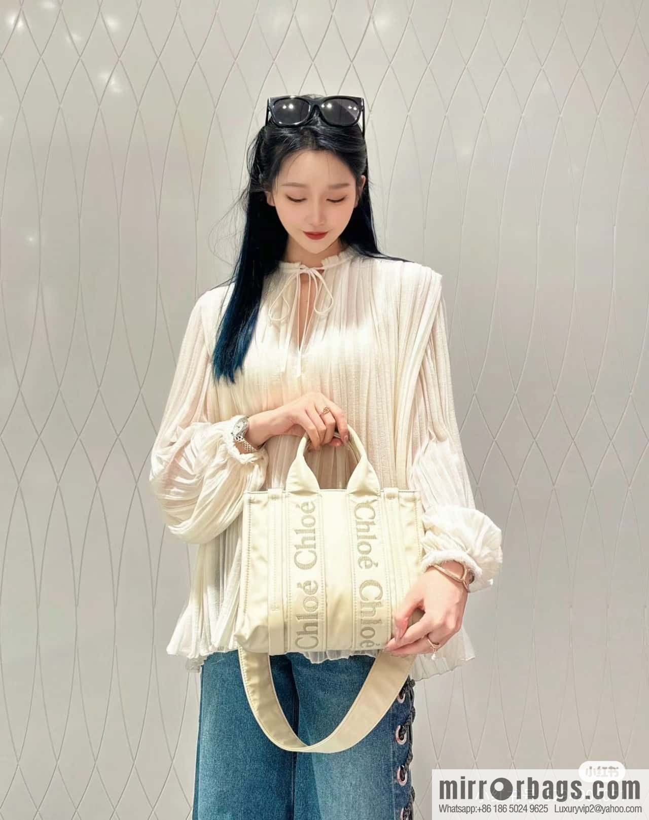 Chloe's new nylon new material Woody tote bag, small rice apricot 26CM.