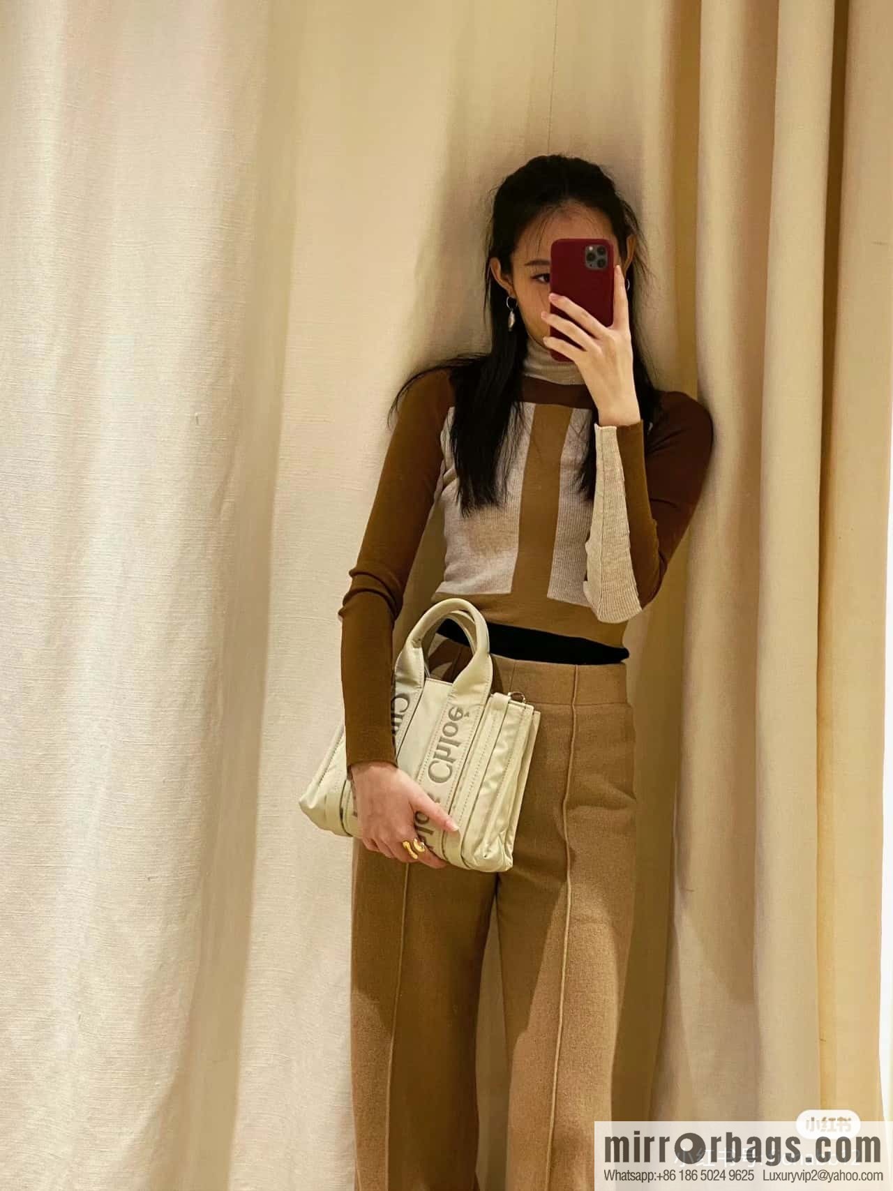 Chloe's new nylon new material Woody tote bag, small rice apricot 26CM.