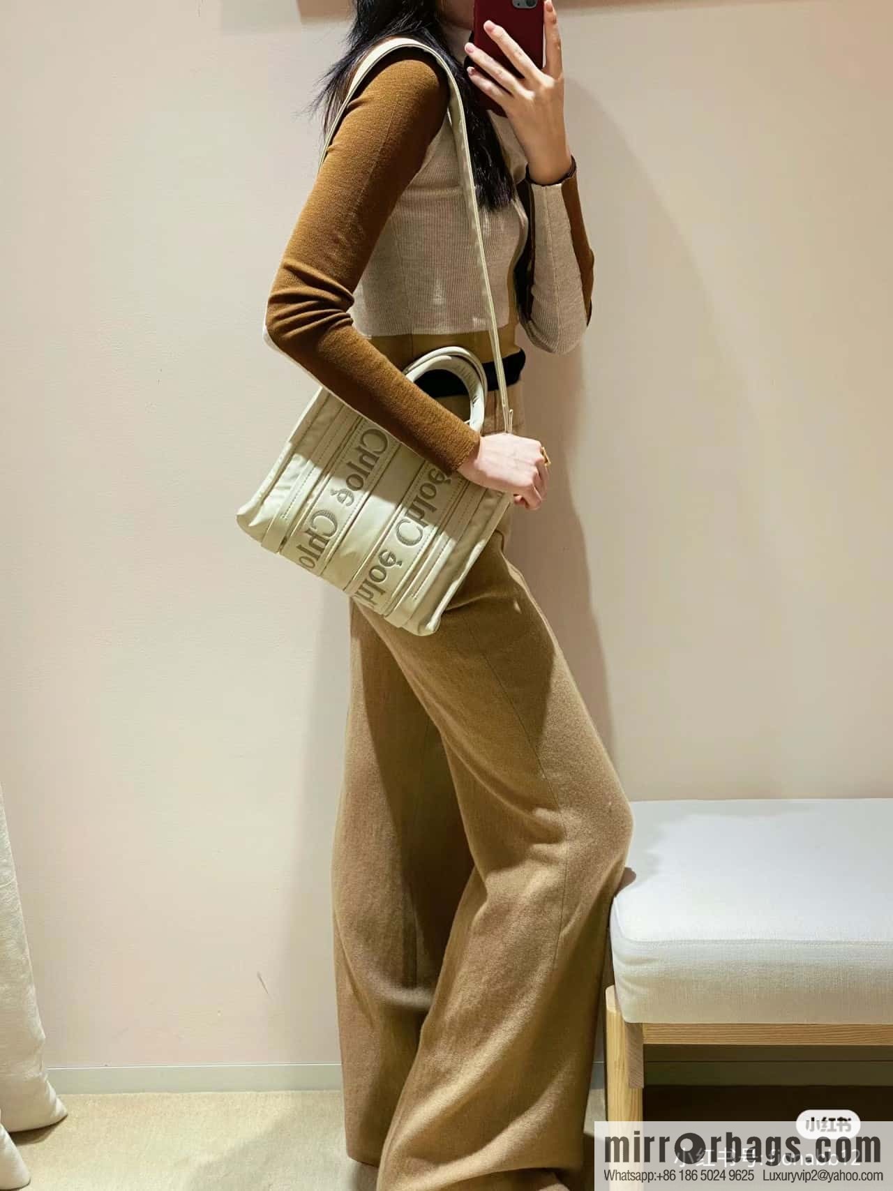 Chloe's new nylon new material Woody tote bag, small rice apricot 26CM.