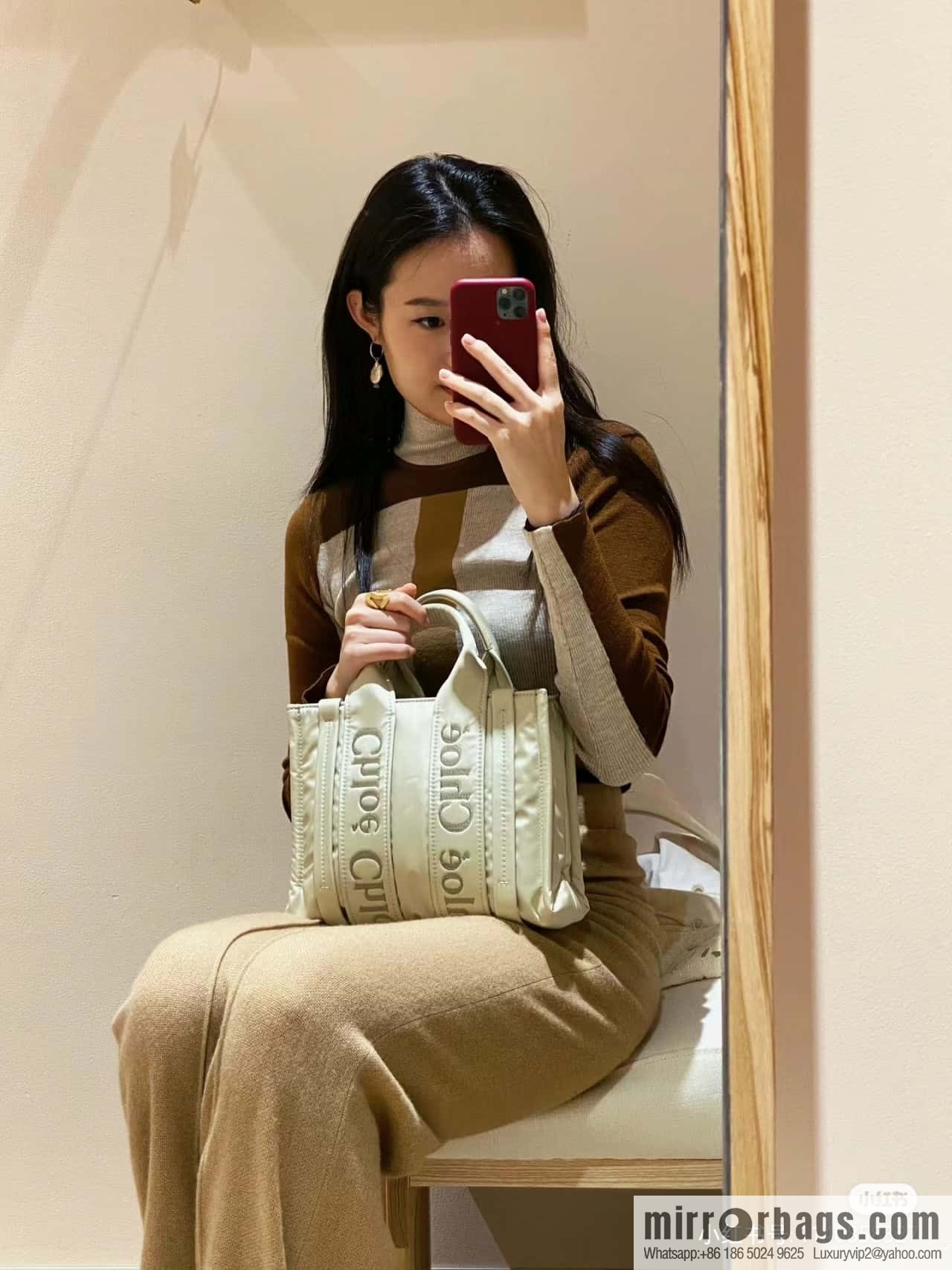 Chloe's new nylon new material Woody tote bag, small rice apricot 26CM.