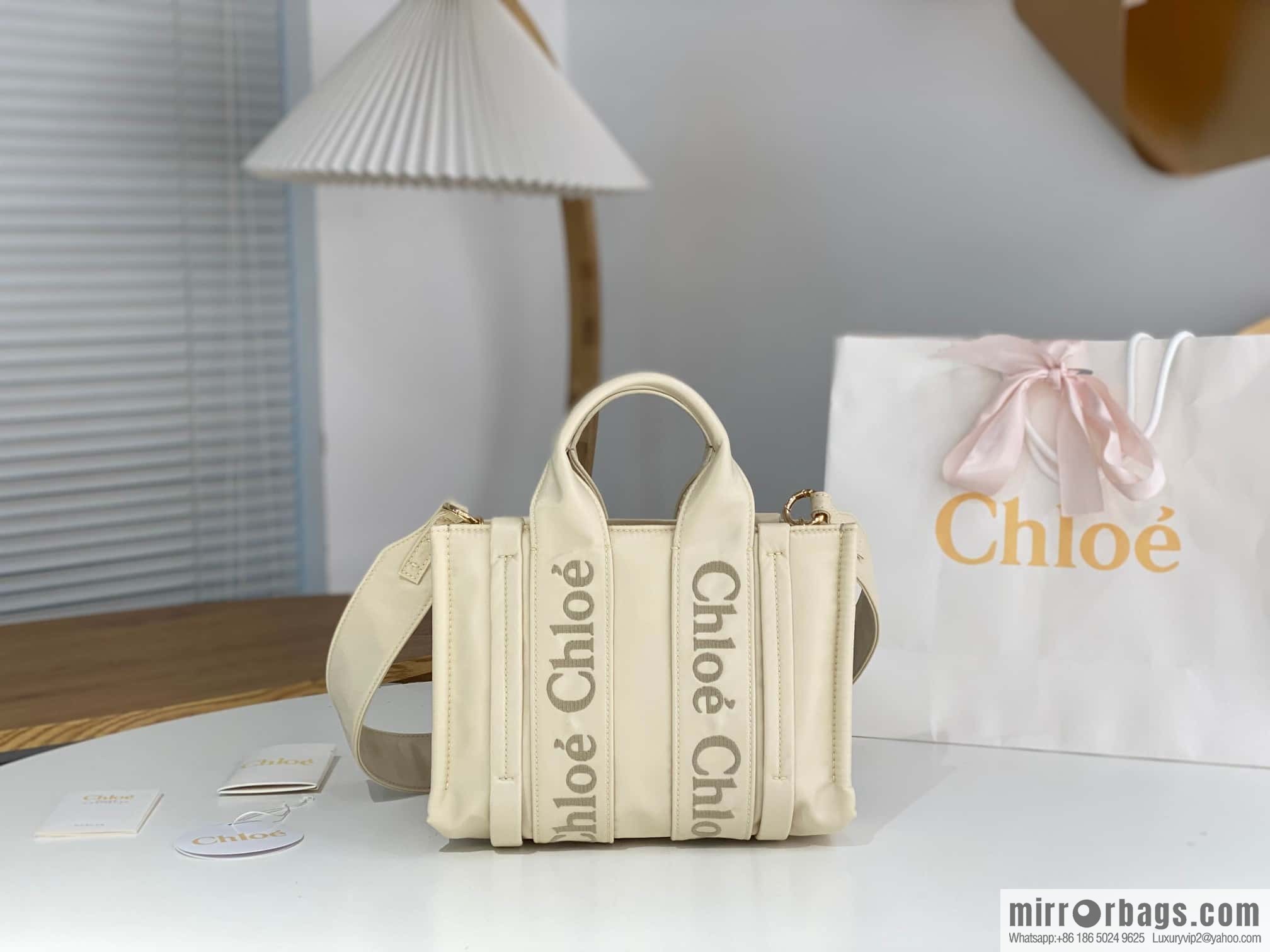 Chloe's new nylon new material Woody tote bag, small rice apricot 26CM.