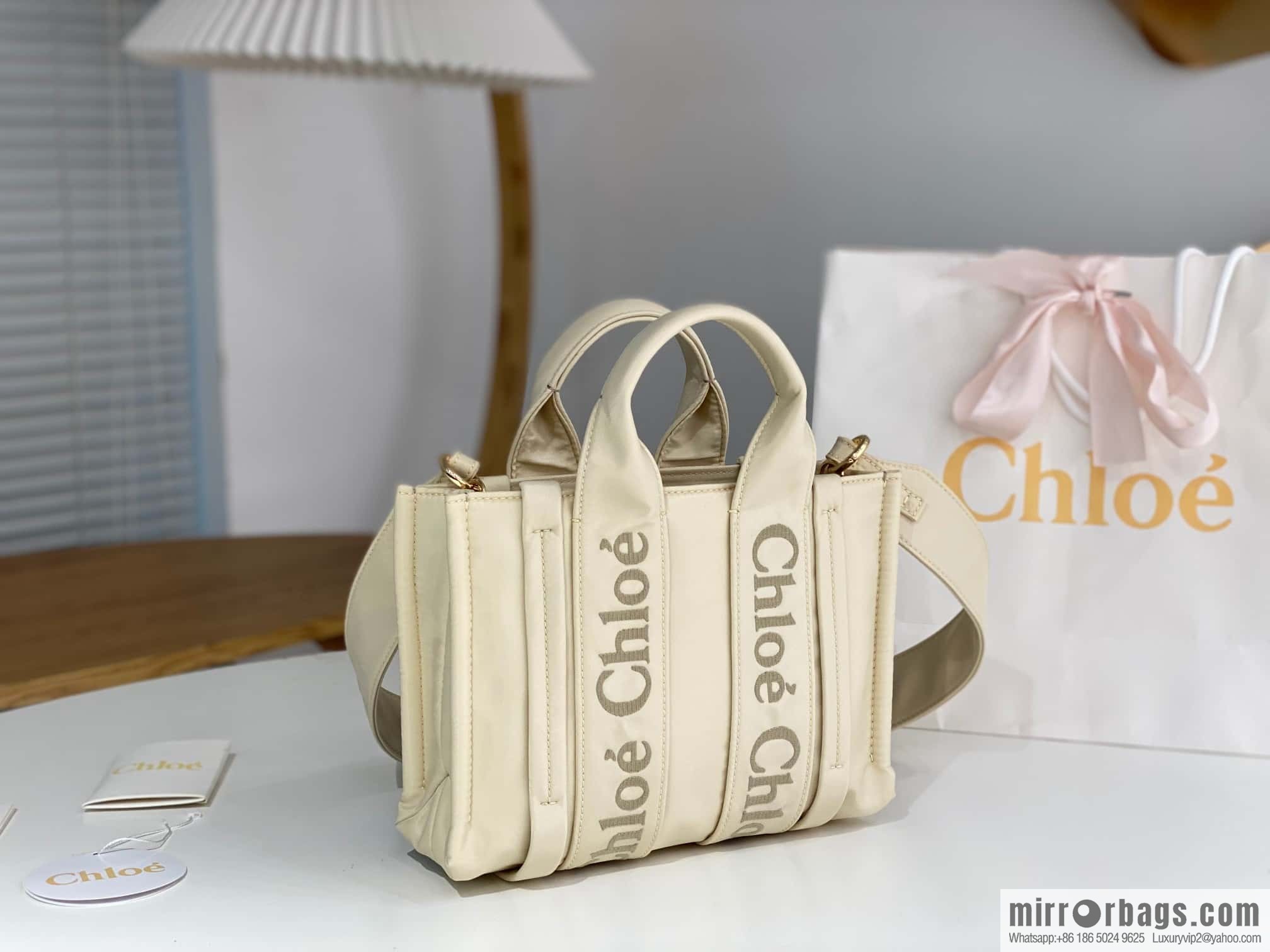 Chloe's new nylon new material Woody tote bag, small rice apricot 26CM.