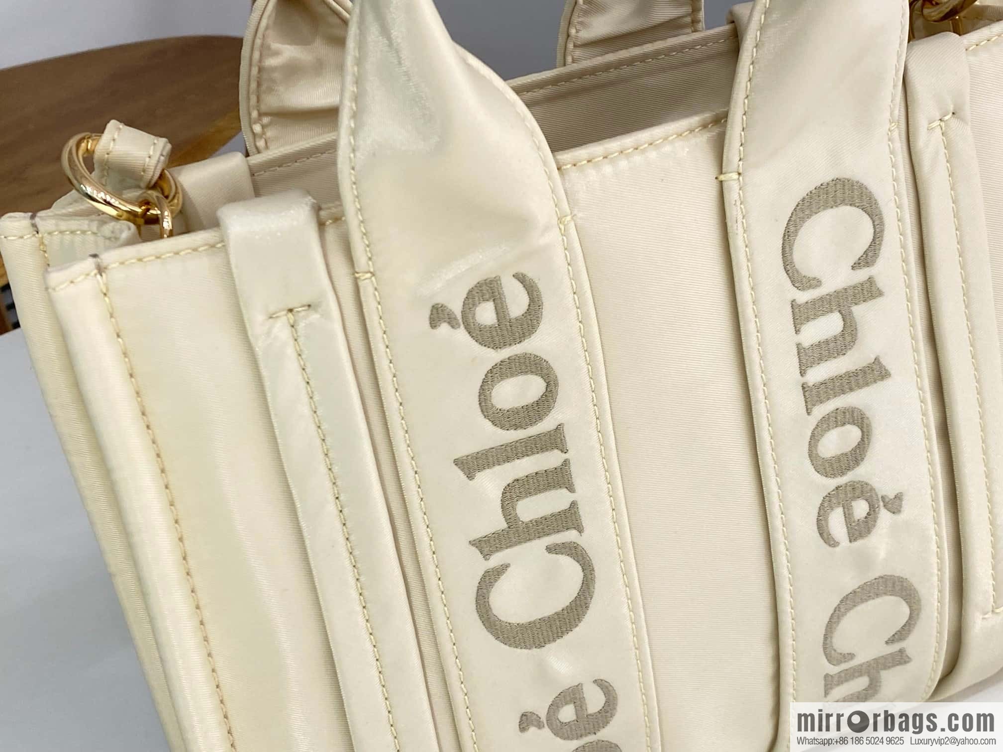 Chloe's new nylon new material Woody tote bag, small rice apricot 26CM.