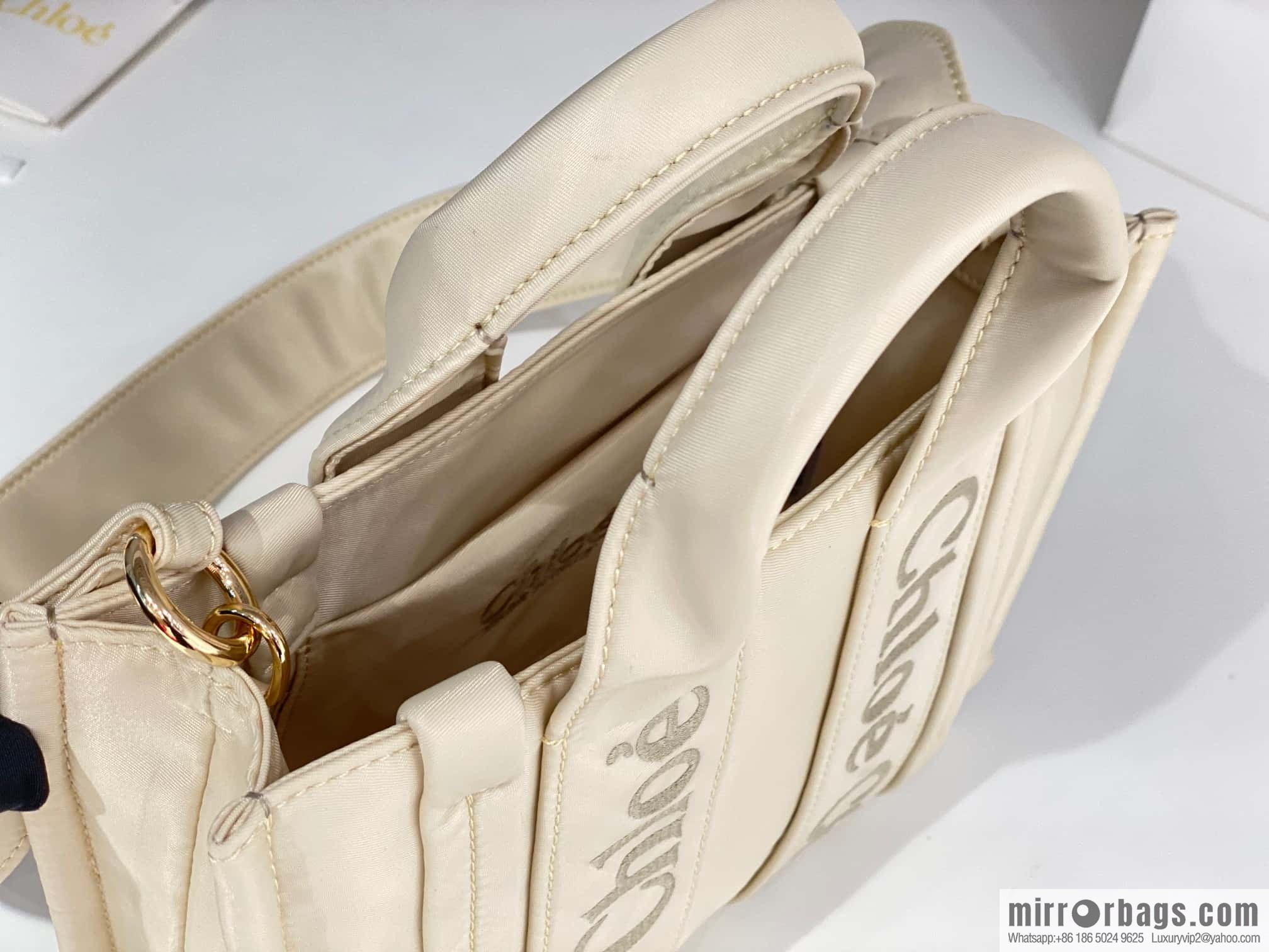Chloe's new nylon new material Woody tote bag, small rice apricot 26CM.