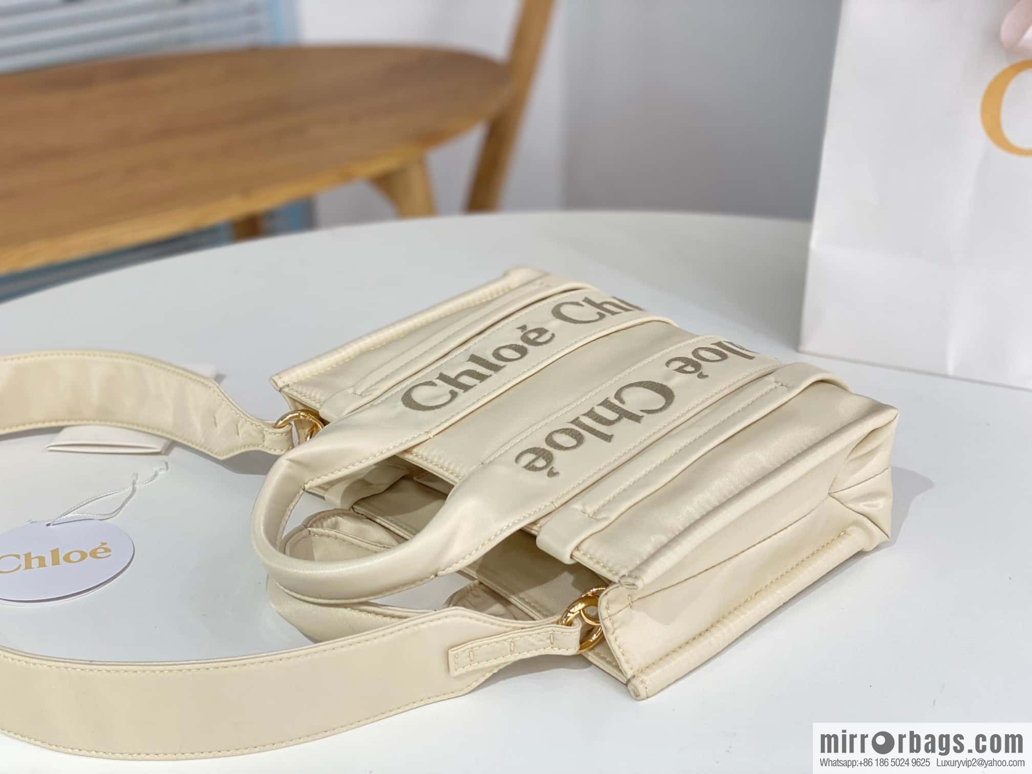 Chloe's new nylon new material Woody tote bag, small rice apricot 26CM.