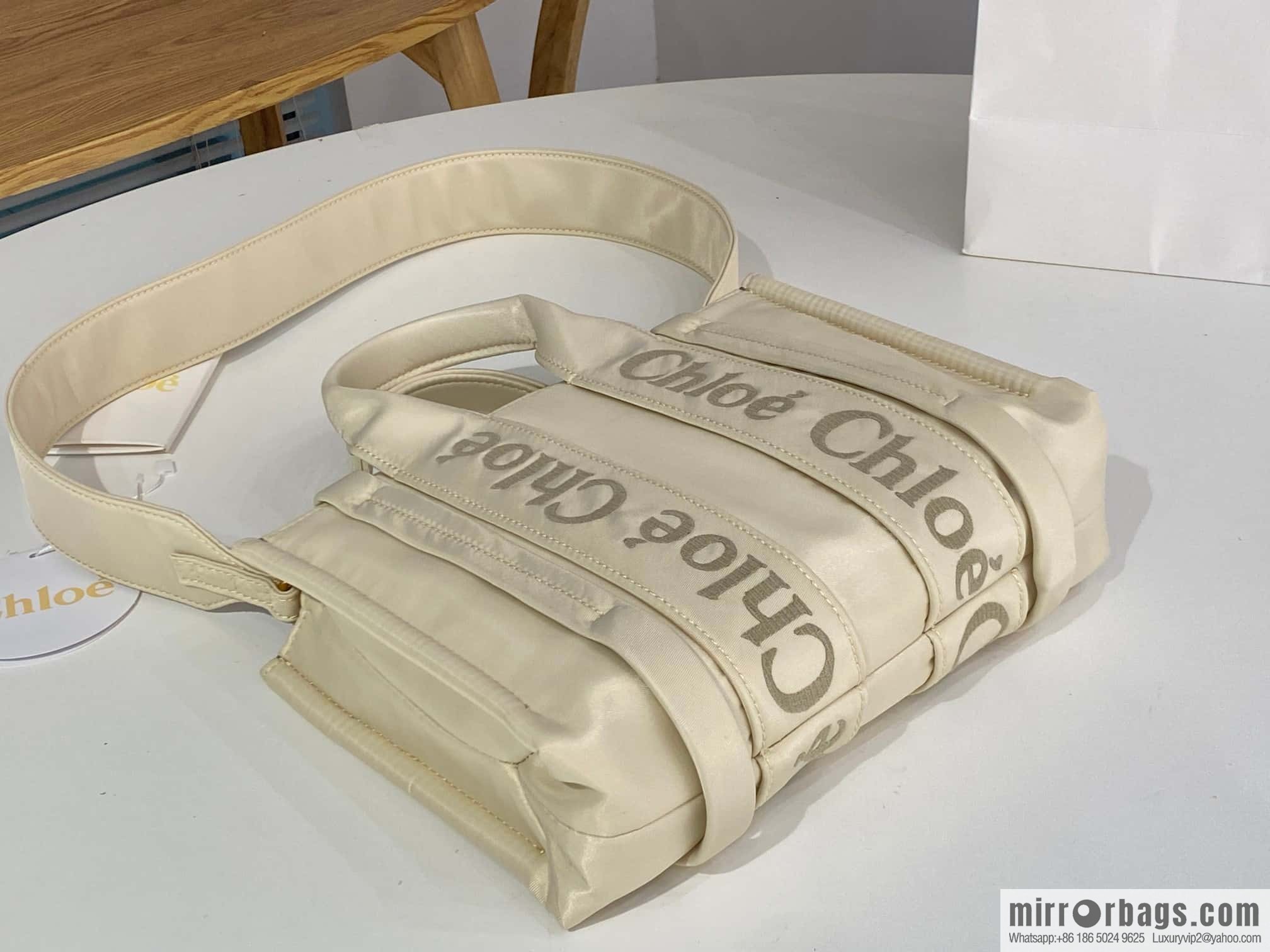 Chloe's new nylon new material Woody tote bag, small rice apricot 26CM.