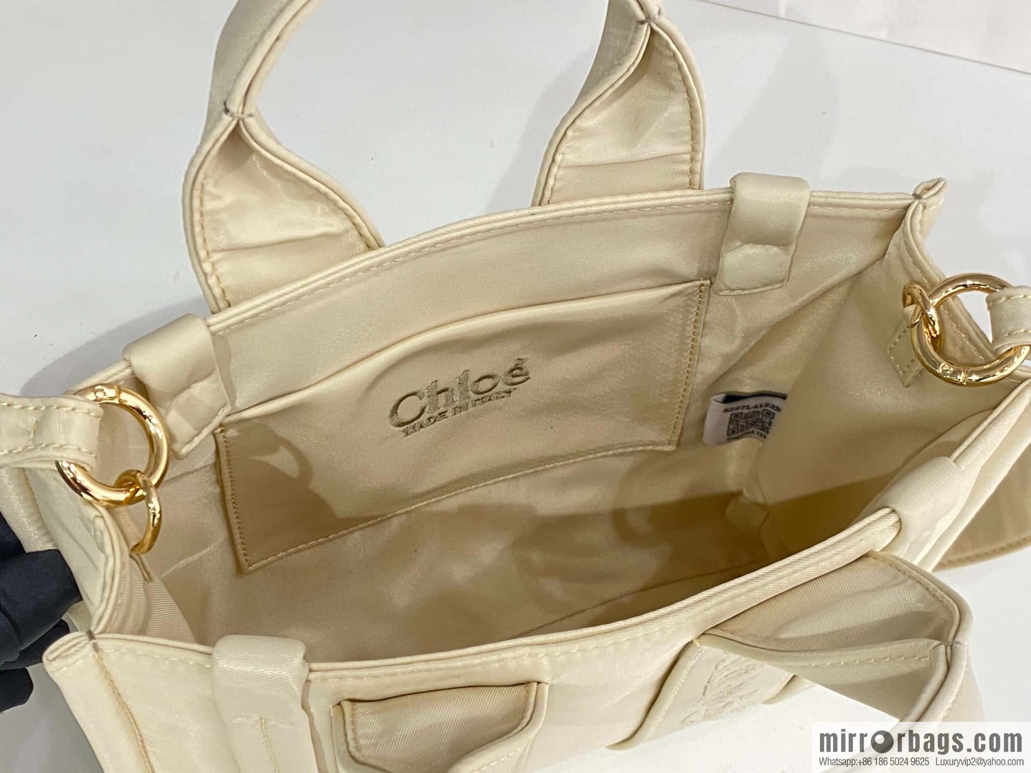Chloe's new nylon new material Woody tote bag, small rice apricot 26CM.