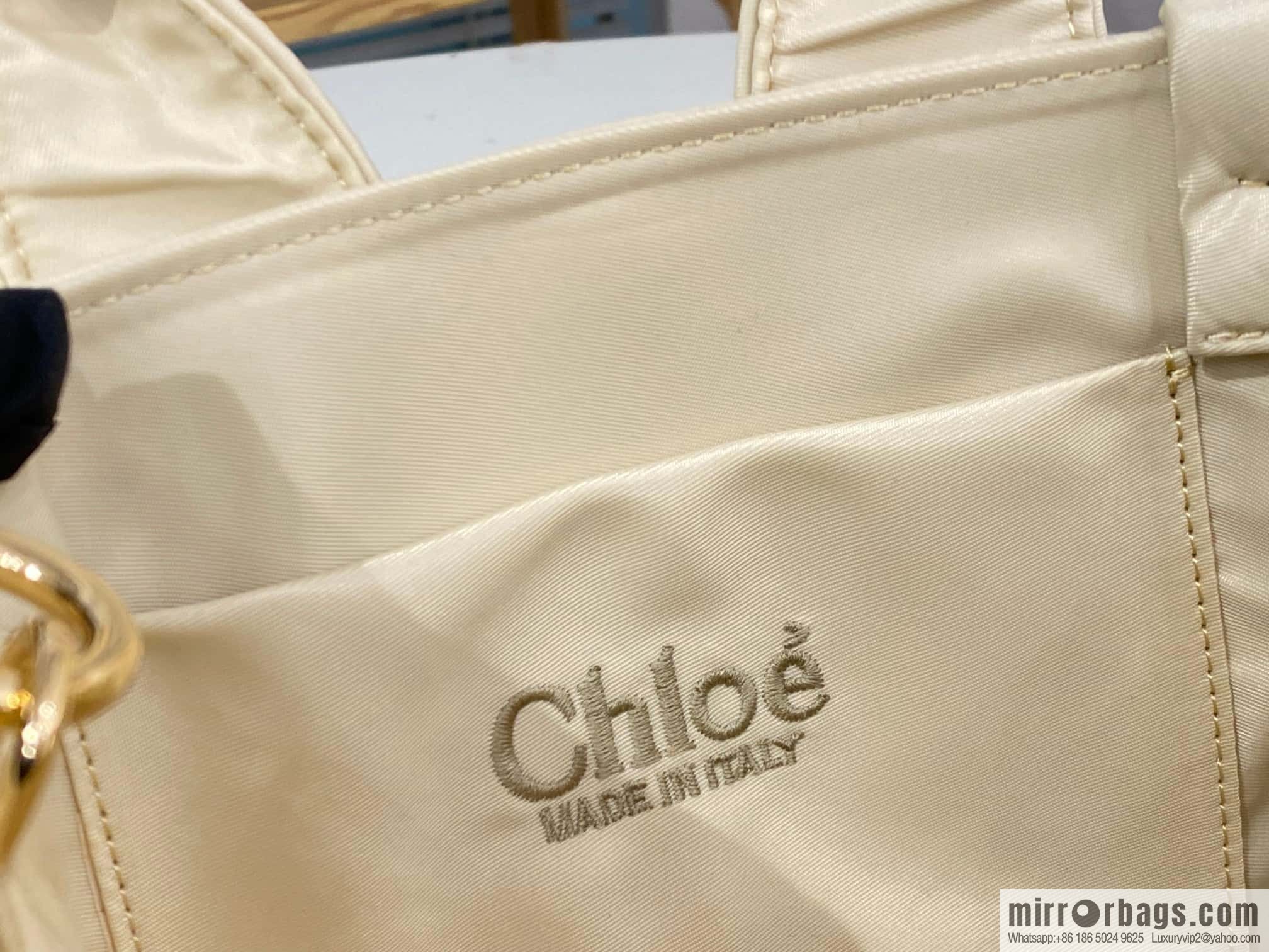 Chloe's new nylon new material Woody tote bag, small rice apricot 26CM.