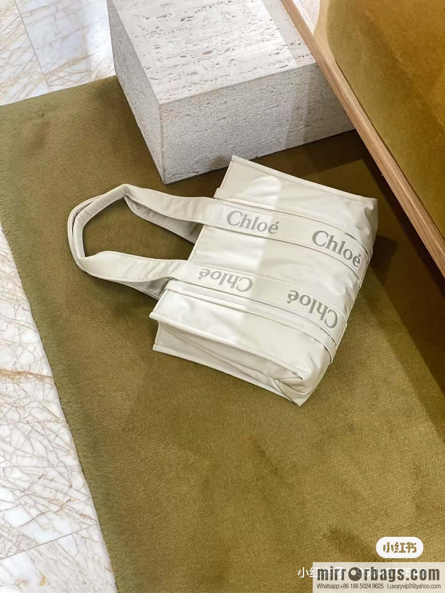 Chloe's new nylon Woody tote bag with new material, medium rice apricot 37CM.
