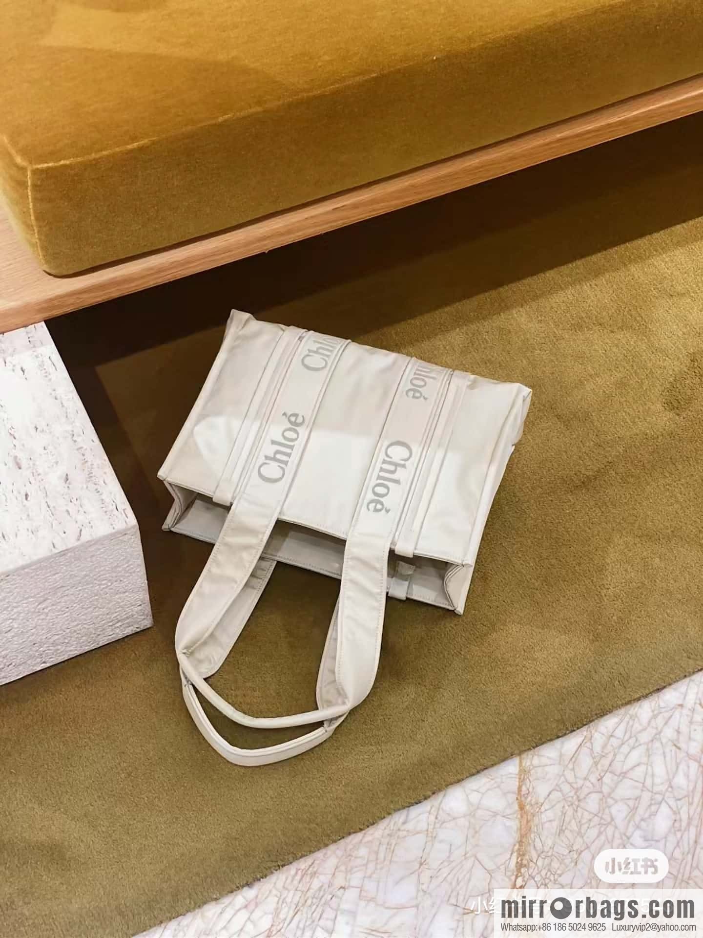 Chloe's new nylon Woody tote bag with new material, medium rice apricot 37CM.