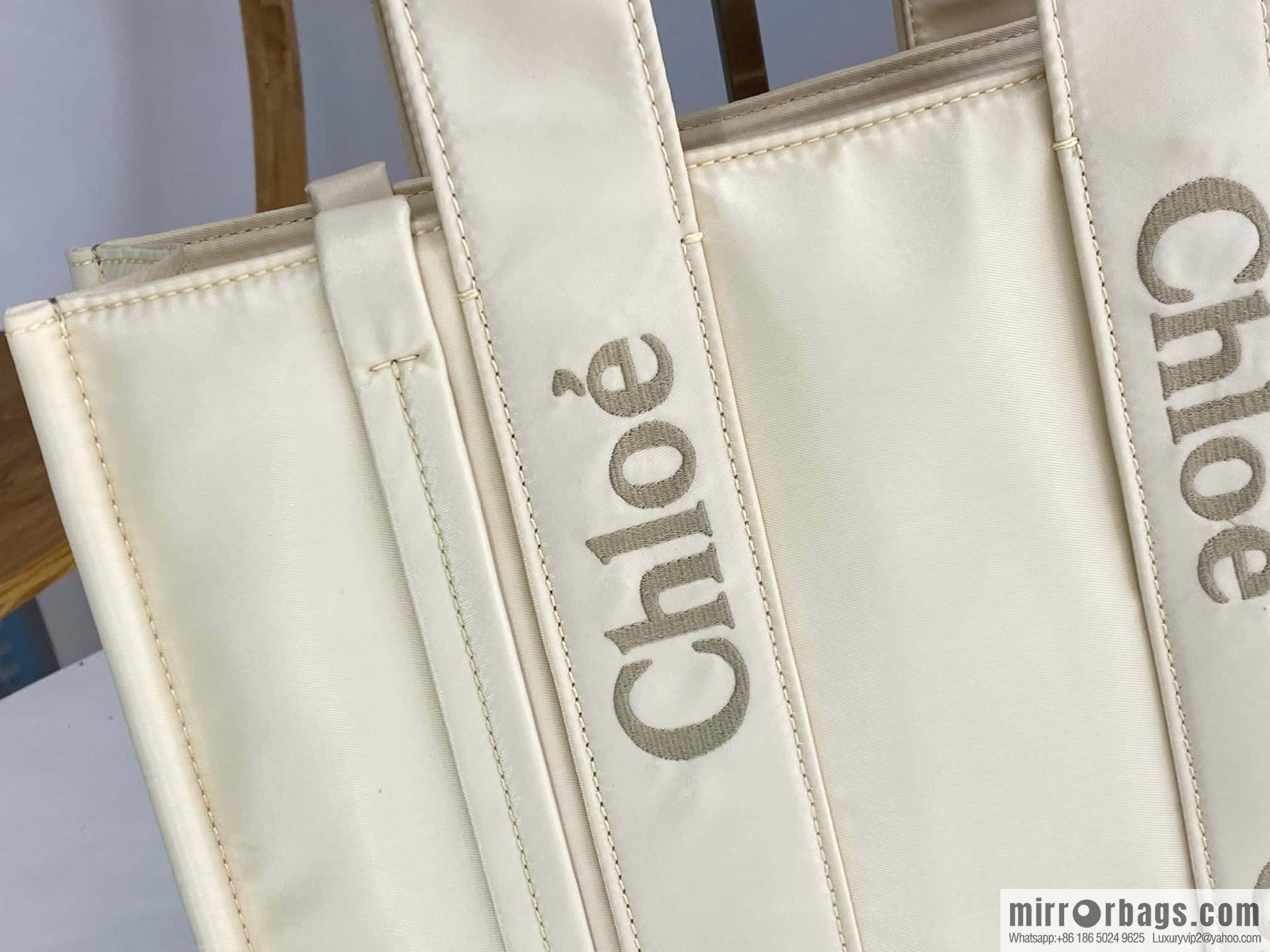 Chloe's new nylon Woody tote bag with new material, medium rice apricot 37CM.