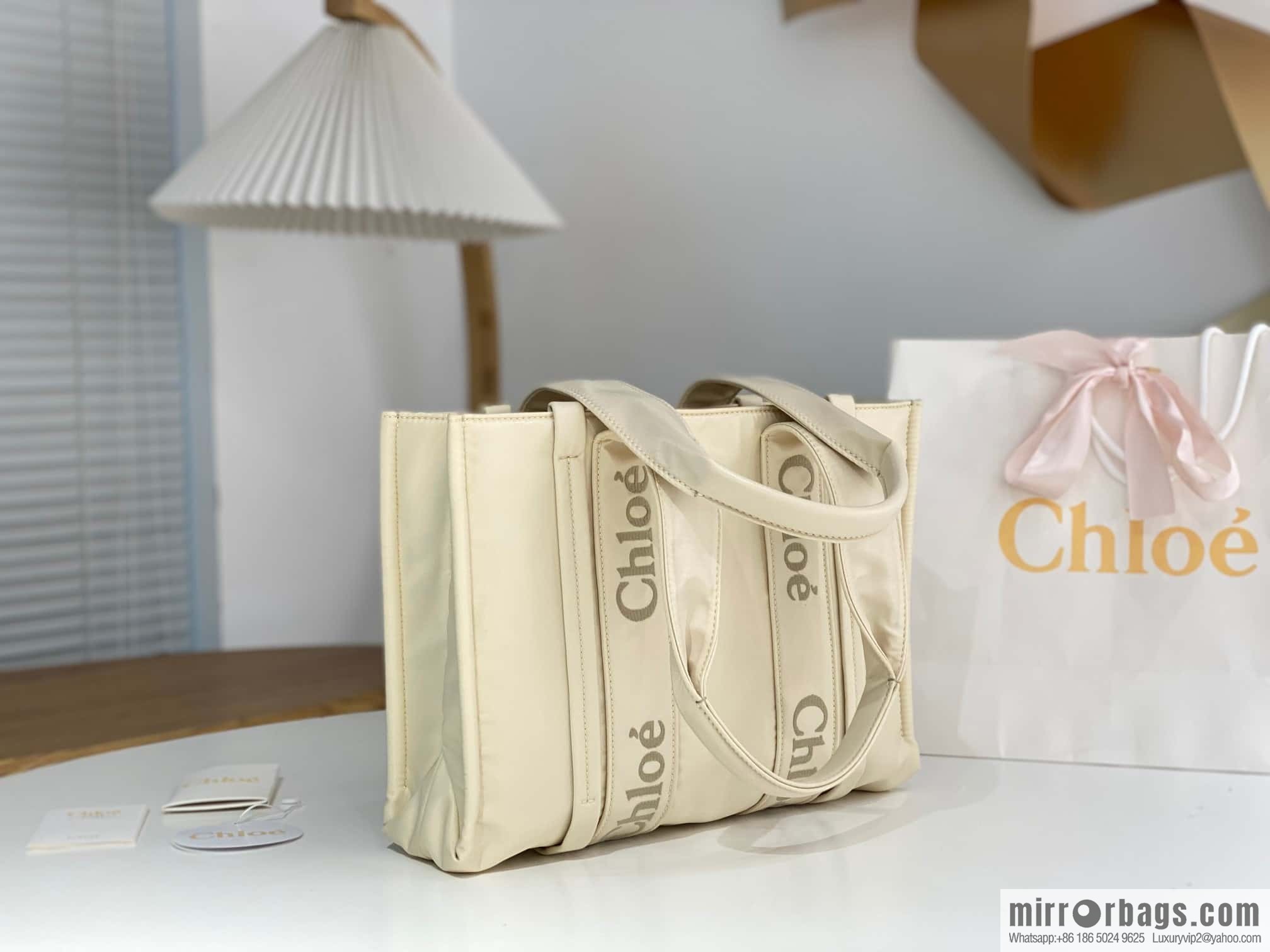 Chloe's new nylon Woody tote bag with new material, medium rice apricot 37CM.