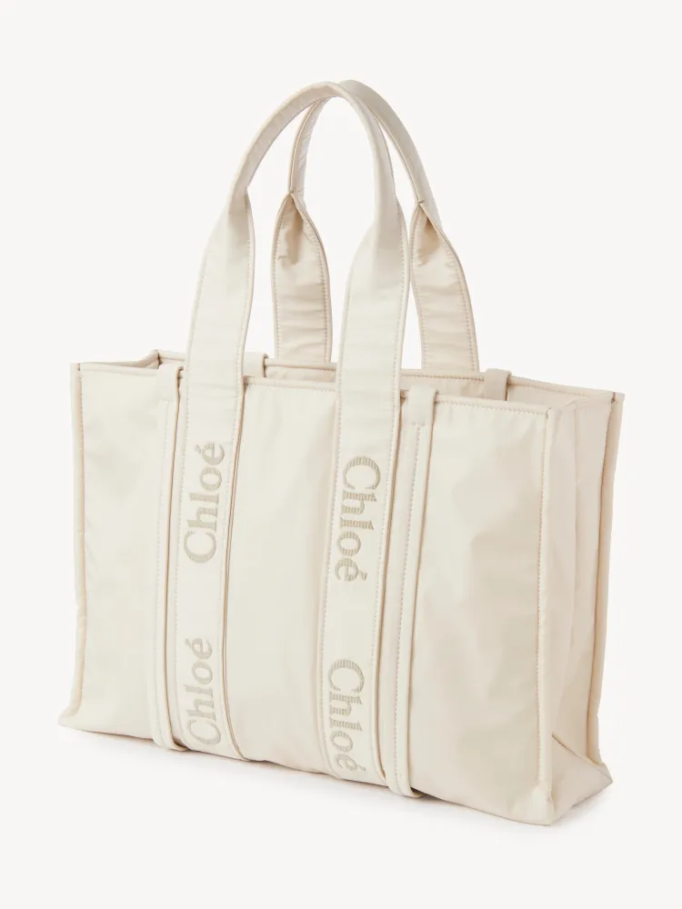 Chloe's new nylon new material Woody tote bag, large rice apricot 45CM.