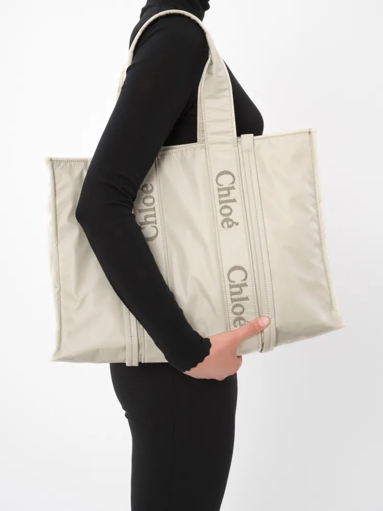 Chloe's new nylon new material Woody tote bag, large rice apricot 45CM.