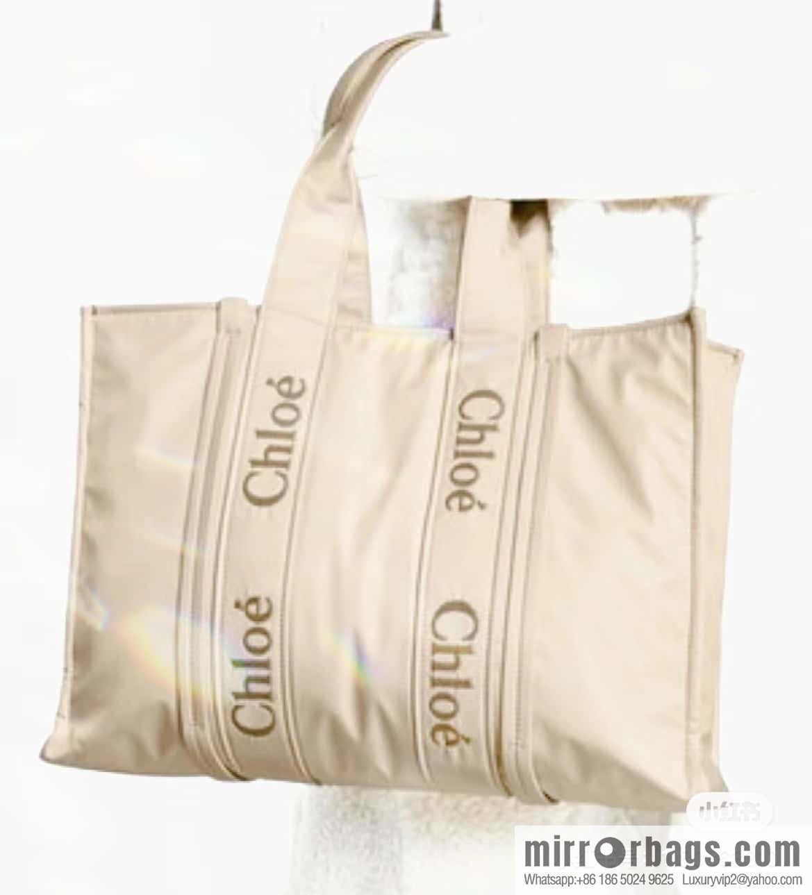 Chloe's new nylon new material Woody tote bag, large rice apricot 45CM.