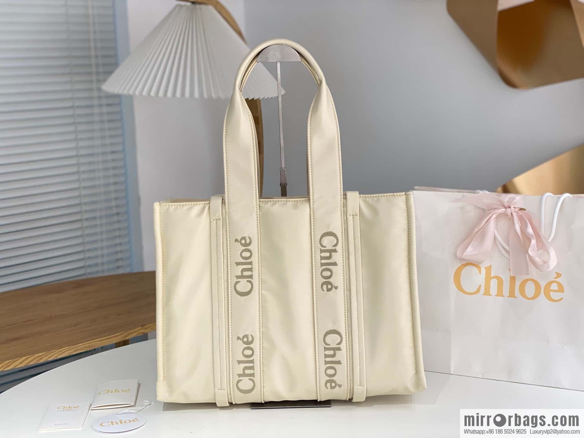 Chloe's new nylon new material Woody tote bag, large rice apricot 45CM.