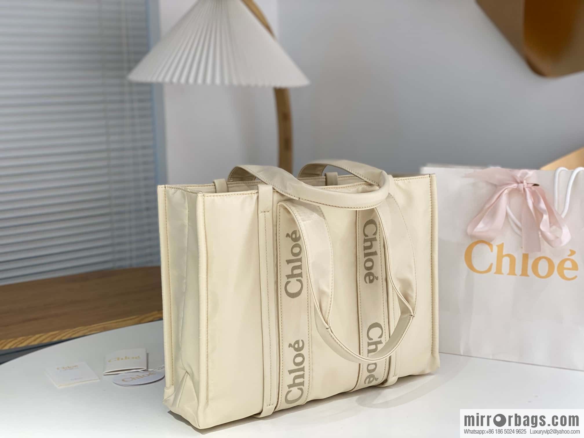 Chloe's new nylon new material Woody tote bag, large rice apricot 45CM.