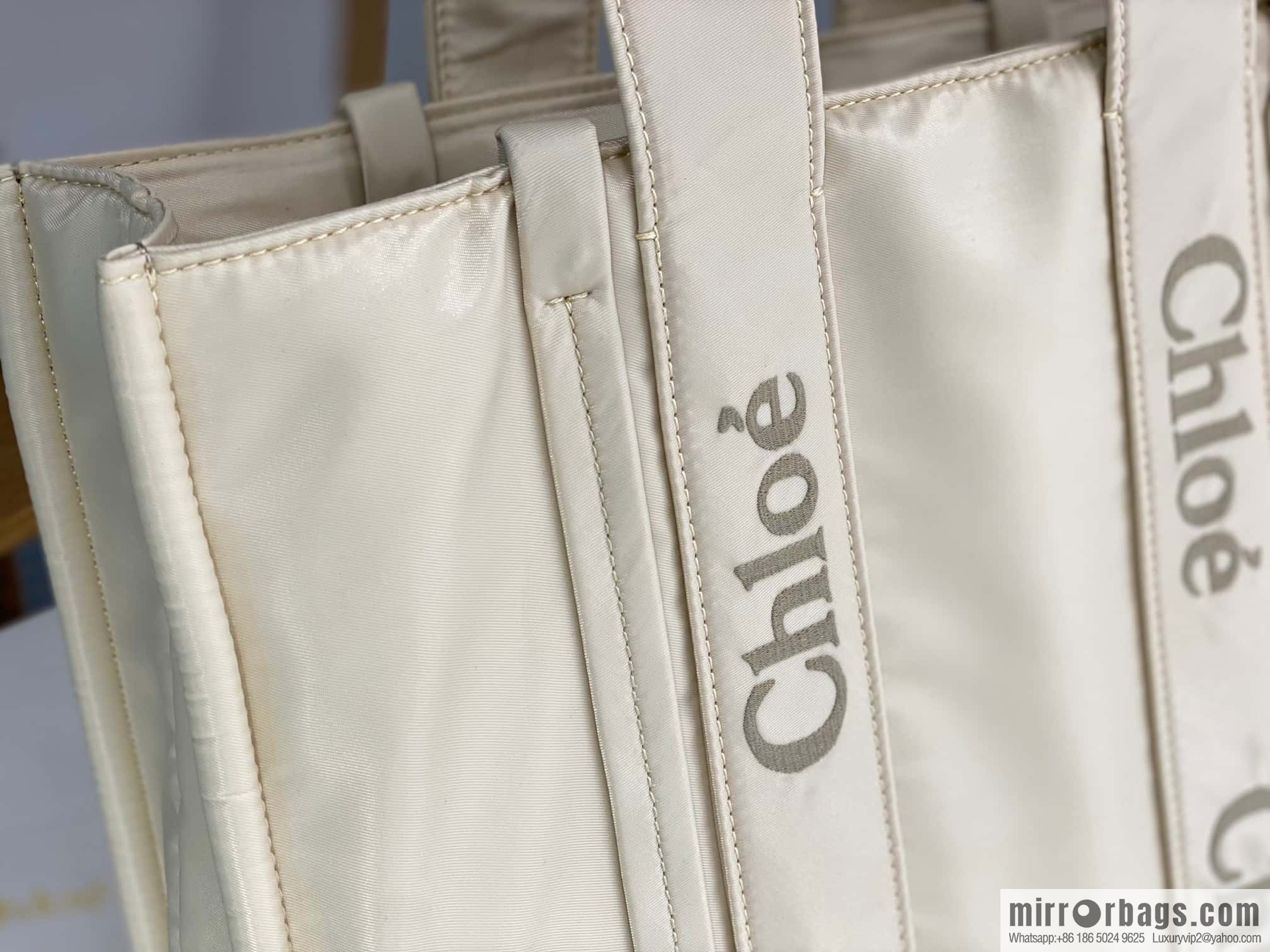 Chloe's new nylon new material Woody tote bag, large rice apricot 45CM.