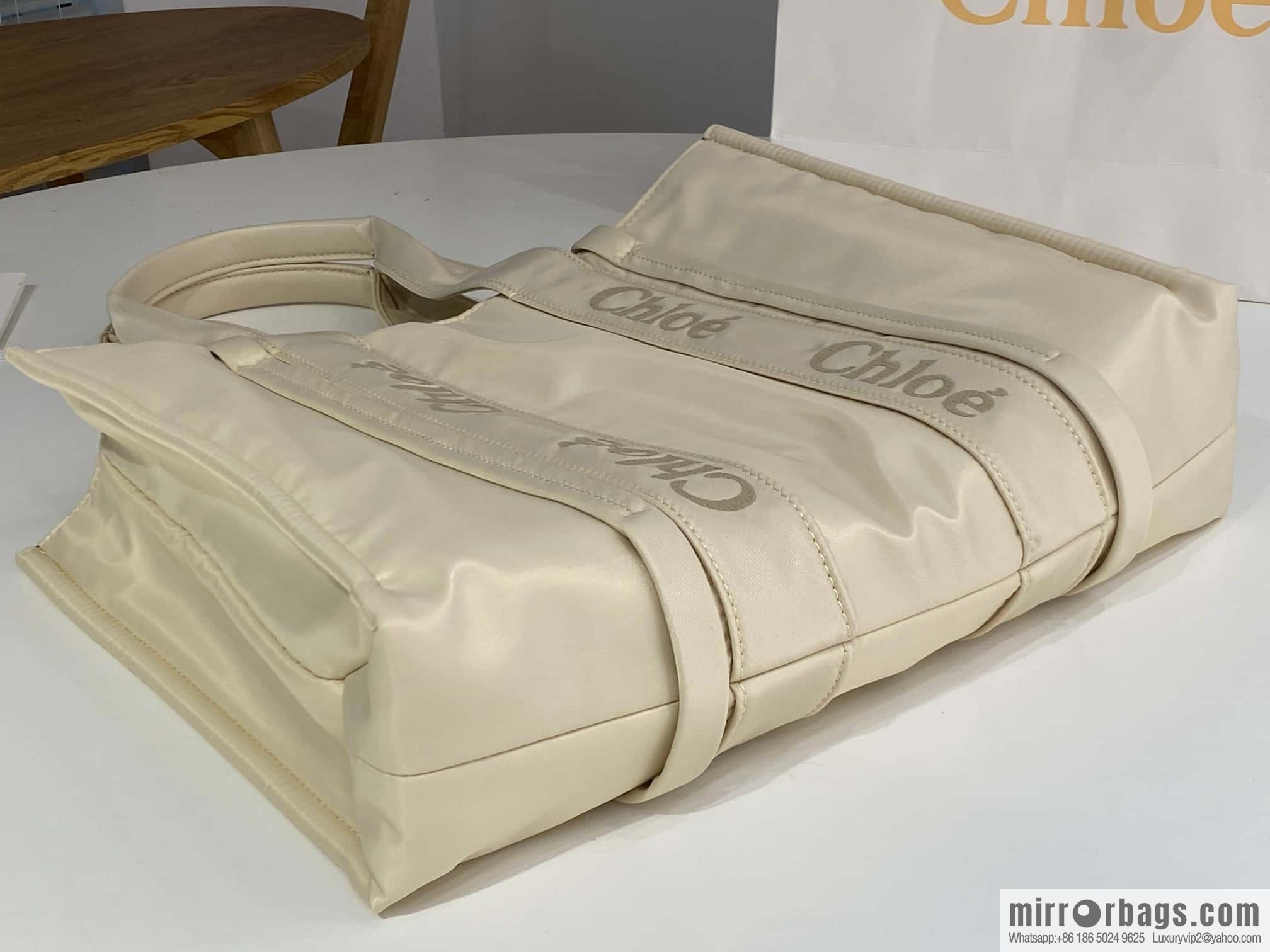 Chloe's new nylon new material Woody tote bag, large rice apricot 45CM.