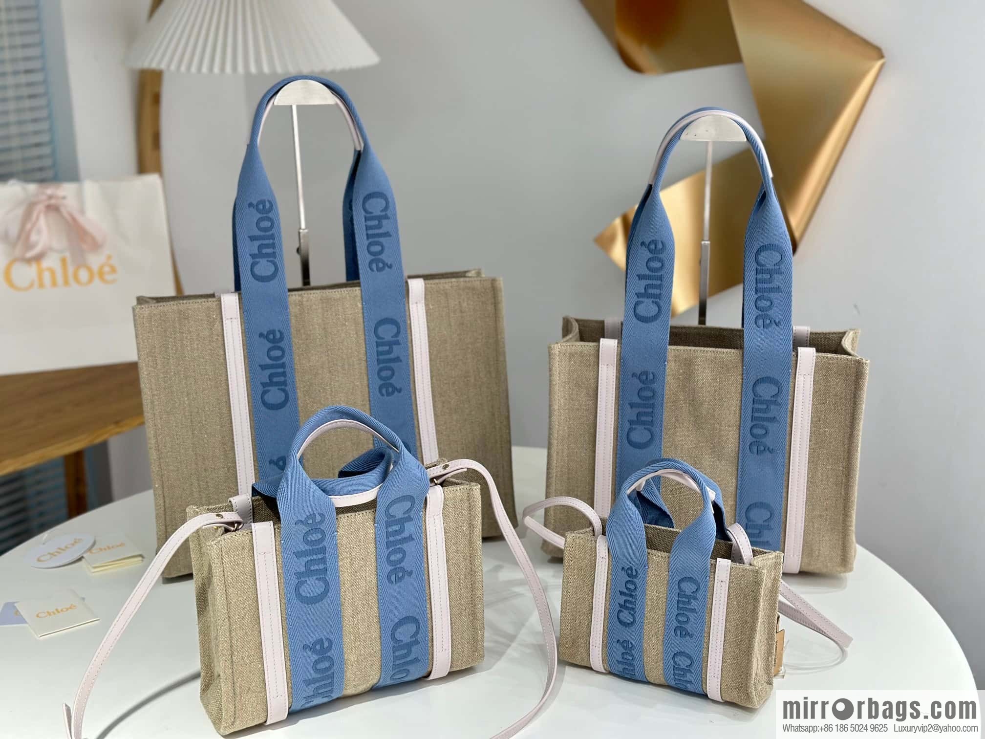 Chloe Woody Linen with Pitot Bag, Cream Powder/Blue Mini20CM