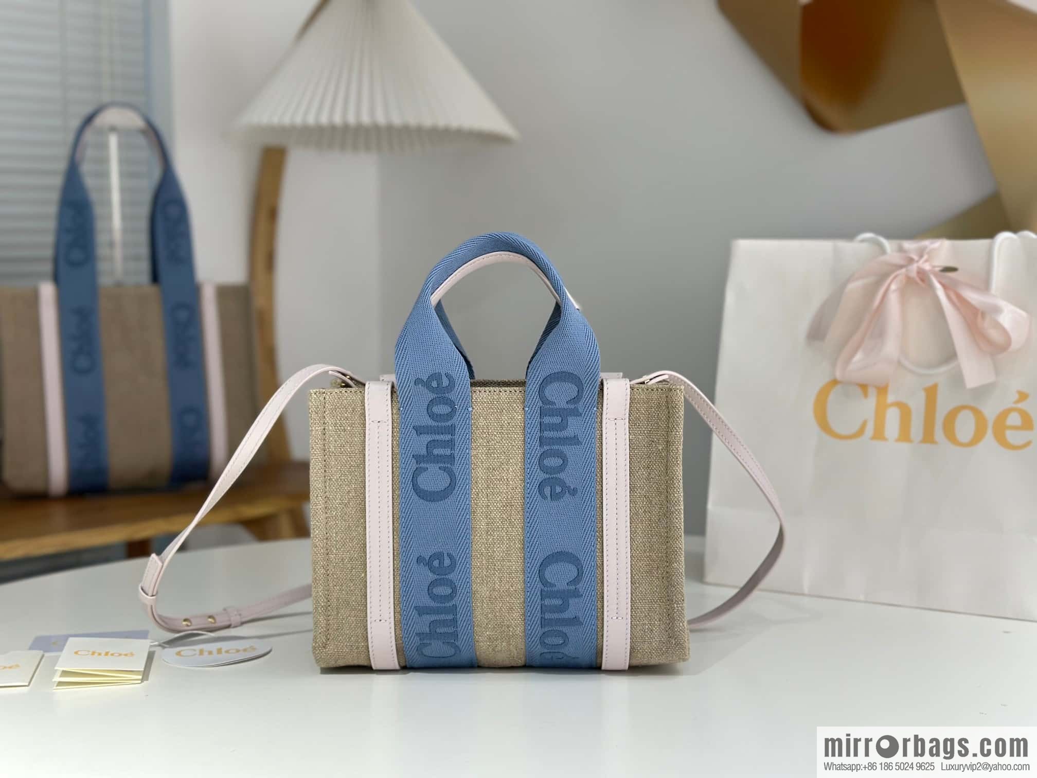Chloe Woody Linen with Pitot Bag, Cream Powder/Blue Small 26CM