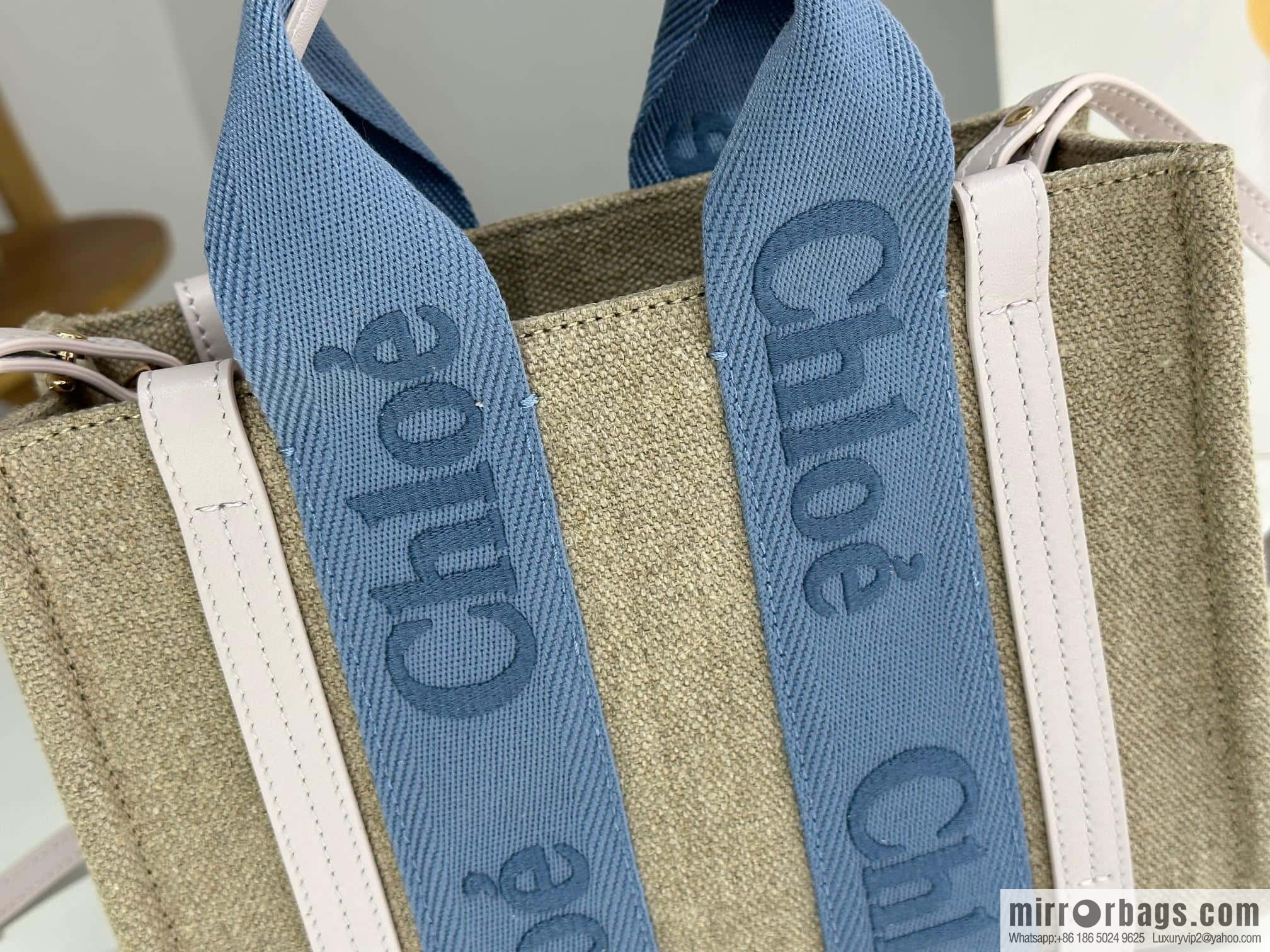 Chloe Woody Linen with Pitot Bag, Cream Powder/Blue Small 26CM